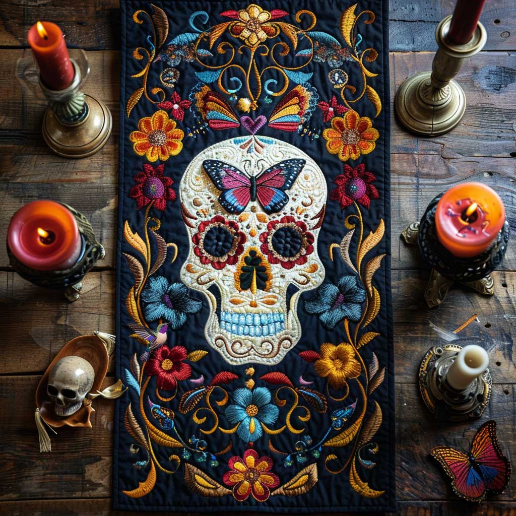 Blooming Skull Quilted Table Runner Decorations Best Skull Christmas Gifts For Guys Men