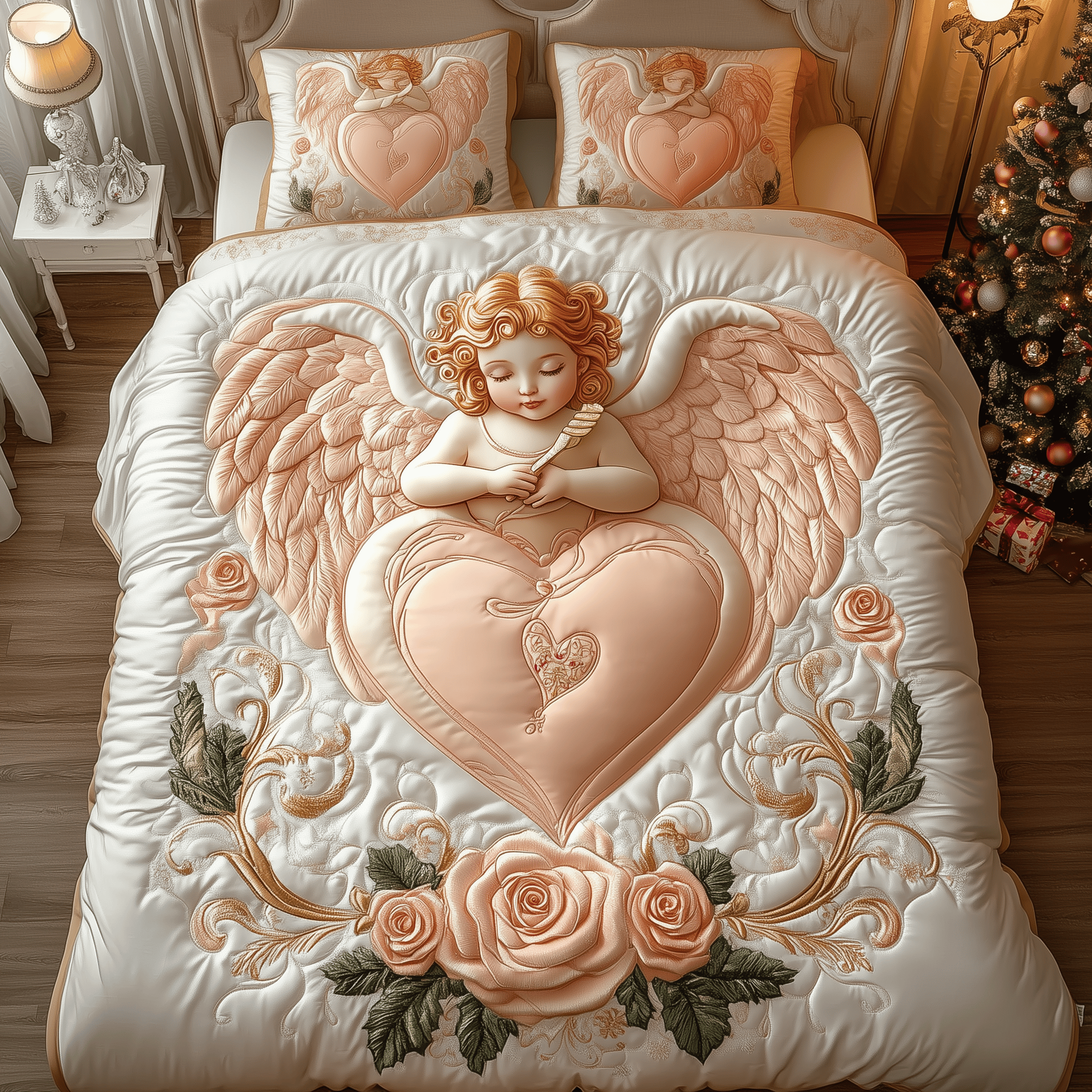 Blossom Cupid Heart Quilted Bedding Set Valentine'S Day Duvet Cover Set Gifts For Mum From Daughter