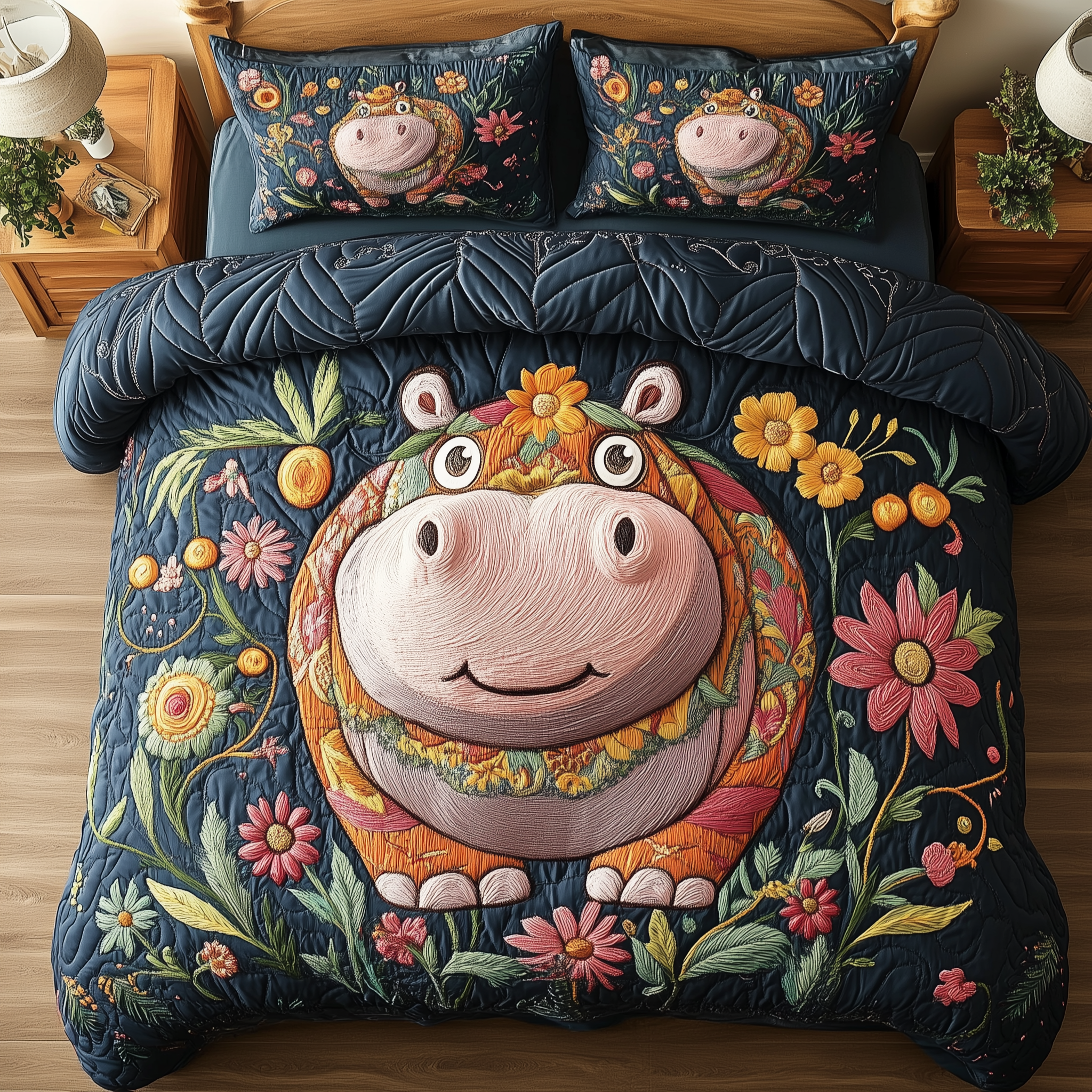 Blossom Dream Hippo Quilted Bedding Set Unique Duvet Cover Bedspread Set Best Gifts For Mom