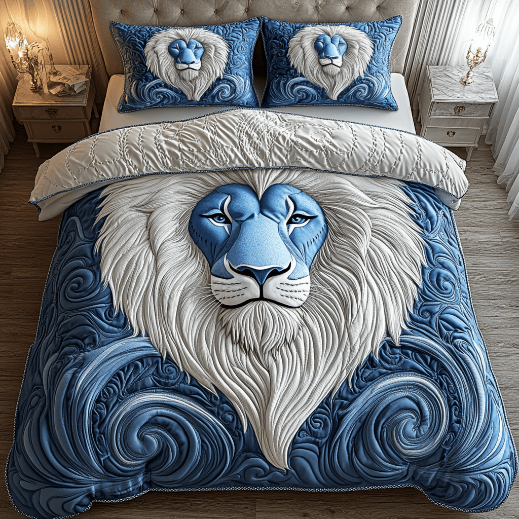 Blue Swirl Majestic Lion Quilted Bedding Set First Fathers Day Duvet Cover Set Lion Gifts For Him Her