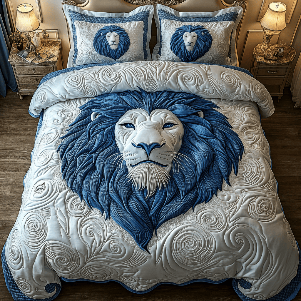 Blue Swirl Majestic Lion Quilted Bedding Set First Fathers Day Duvet Cover Set Lion Gifts For Men