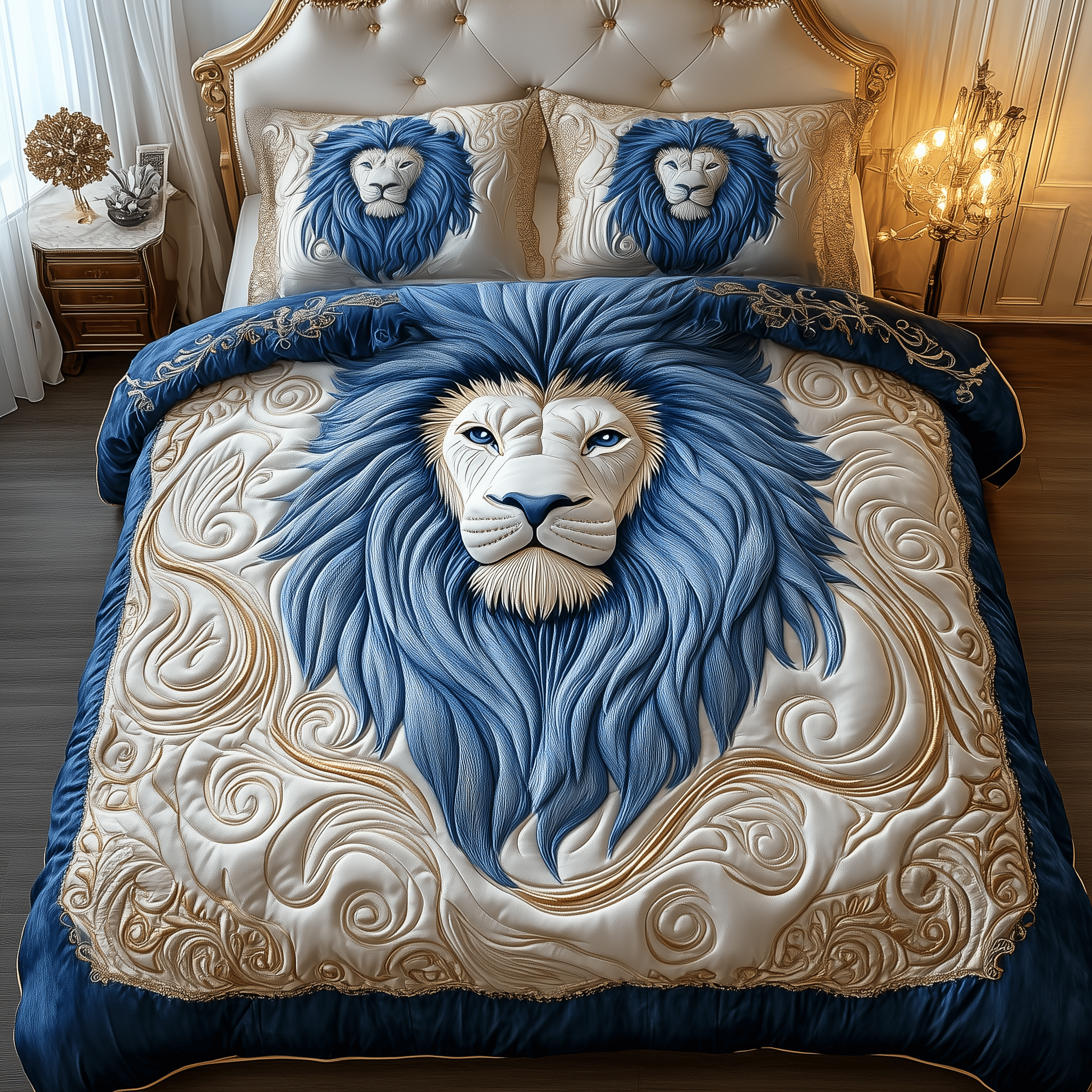 Blue Swirl Majestic Lion Quilted Bedding Set Mothers Day Duvet Cover Set Lion Gifts For Him Her