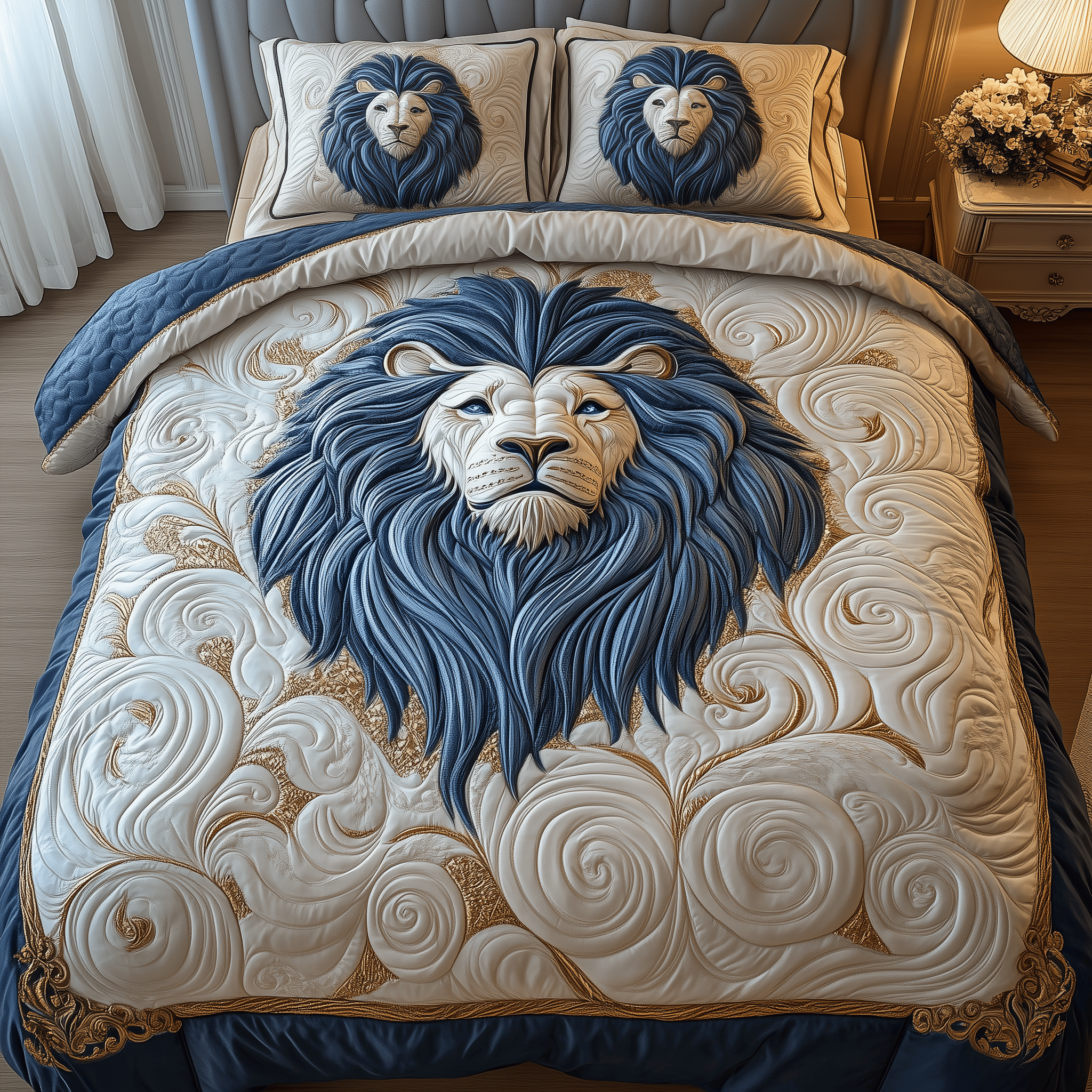 Blue Swirl Majestic Lion Quilted Bedding Set Mothers Day Duvet Cover Set Lion Gifts For Men