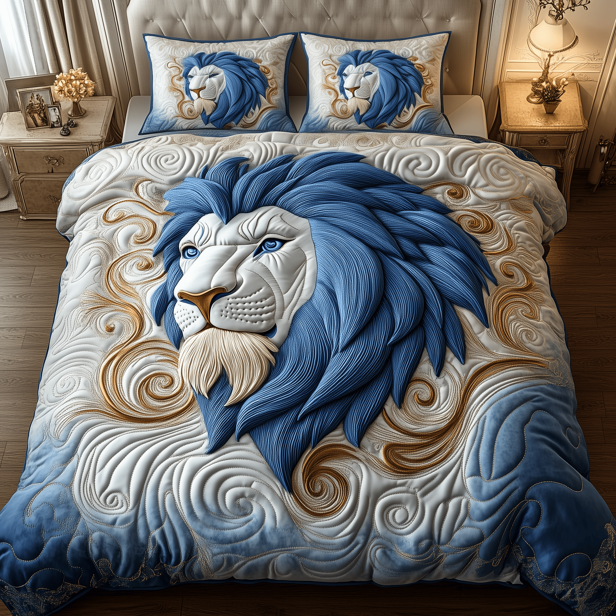 Blue Swirl Majestic Lion Quilted Bedding Set Mothers Day Duvet Cover Set Unique Lion Gifts