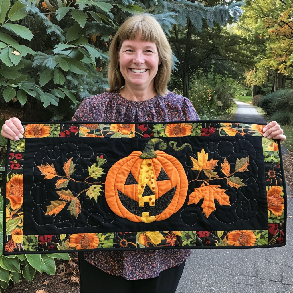 Boo Pumpkin Quilted Table Runner Modern Fall Themed Home Halloween Decoration Gifts