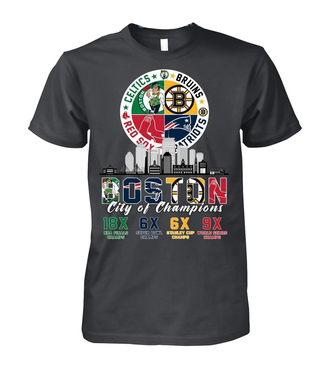 Boston Celtics Bruins Red Sox And Patriots City Of Champions T-Shirt Fan Merch Dad Gifts