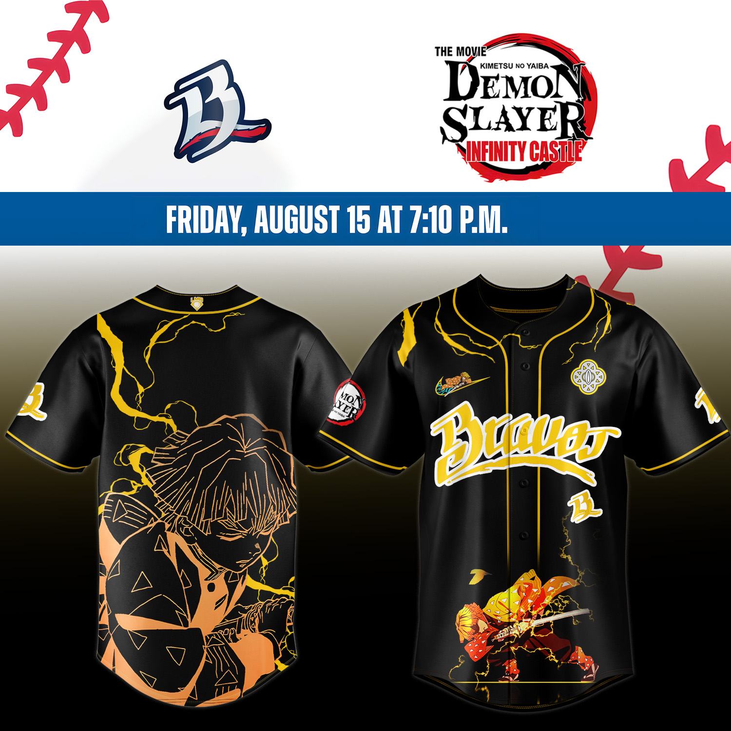 Bravos de Len X Demon Slayer Agatsuma Zenitsu Jersey Gifts For Baseball Players