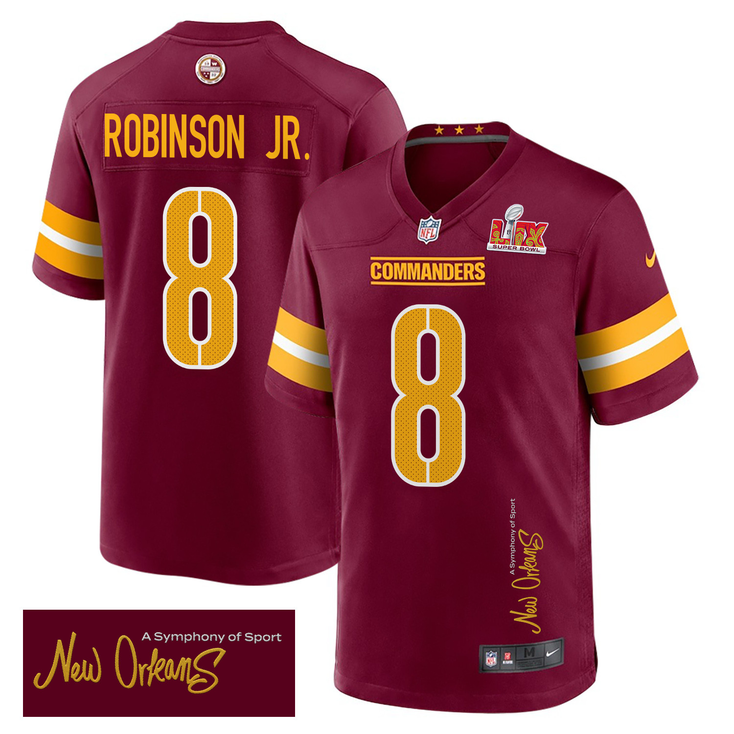 Brian Robinson Jr. 8 Washington Commanders Super Bowl LIX 'New Orleans - A Symphony of Sport' EMBROIDERED Game Men Jersey - Burgundy - JS639