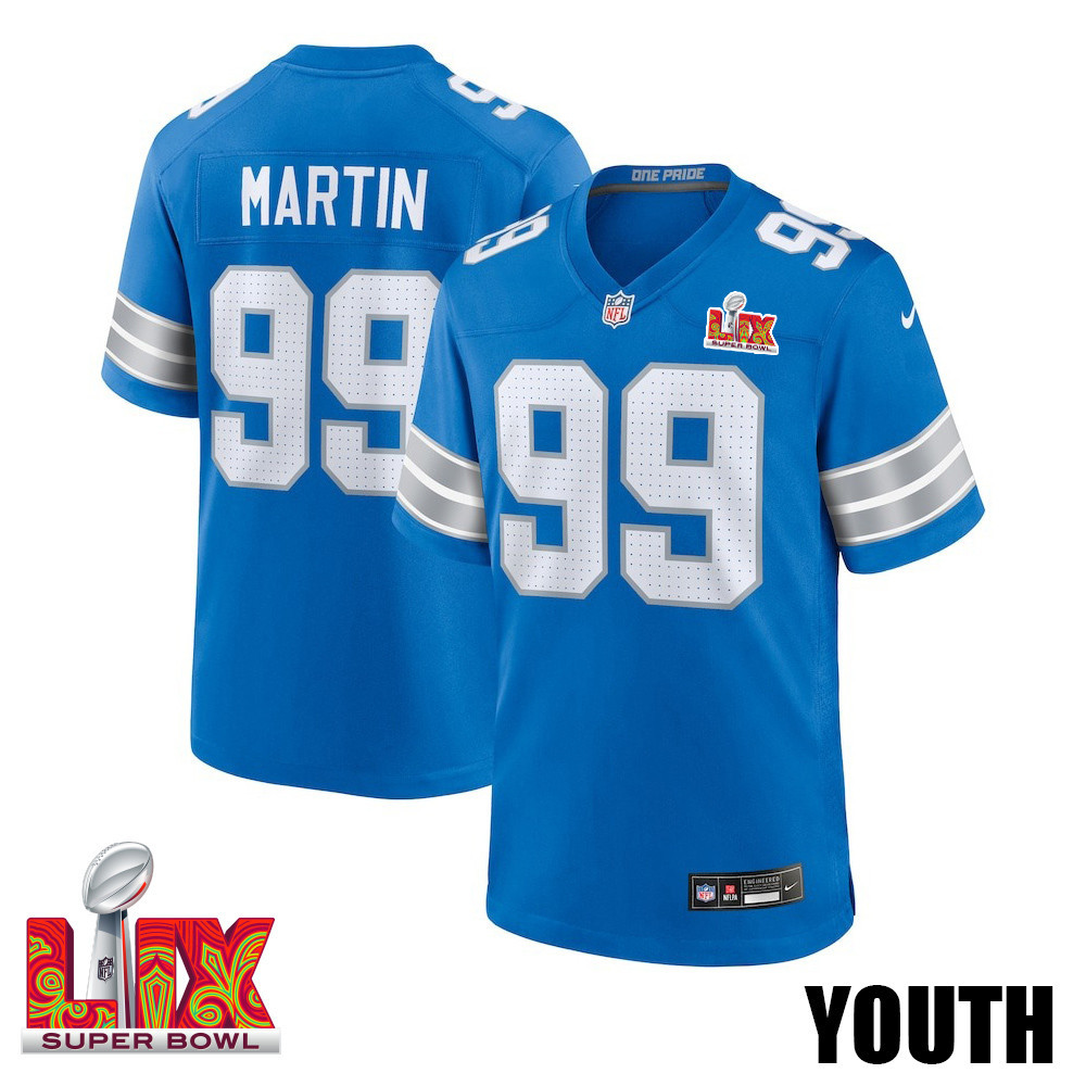 Brodric Martin #99 Detroit Lions Super Bowl LIX YOUTH Jersey - Blue - JS201