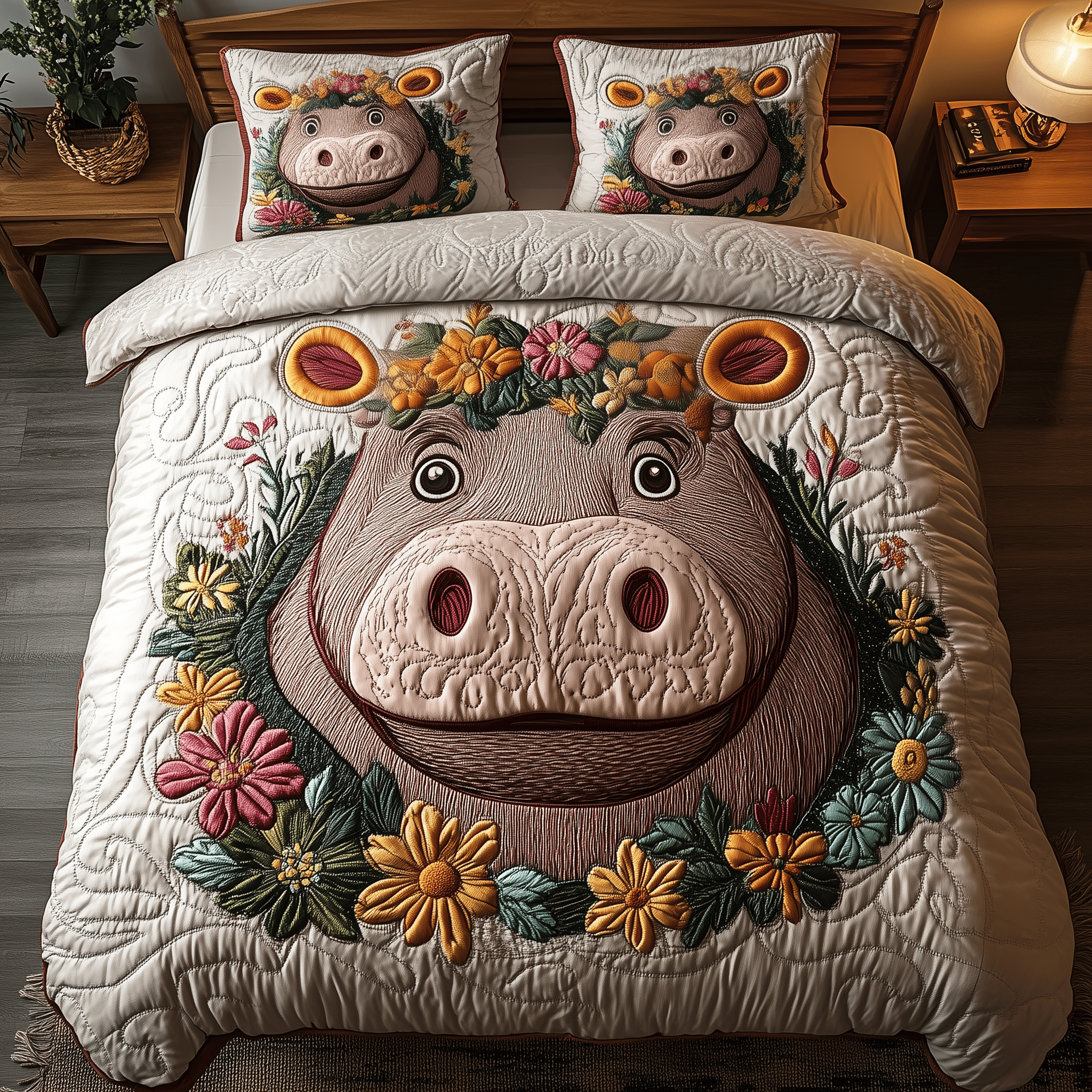 Bubbly Blossom Hippo Quilted Bedding Set Unique Duvet Cover Bedspread Set Ideas For Mom