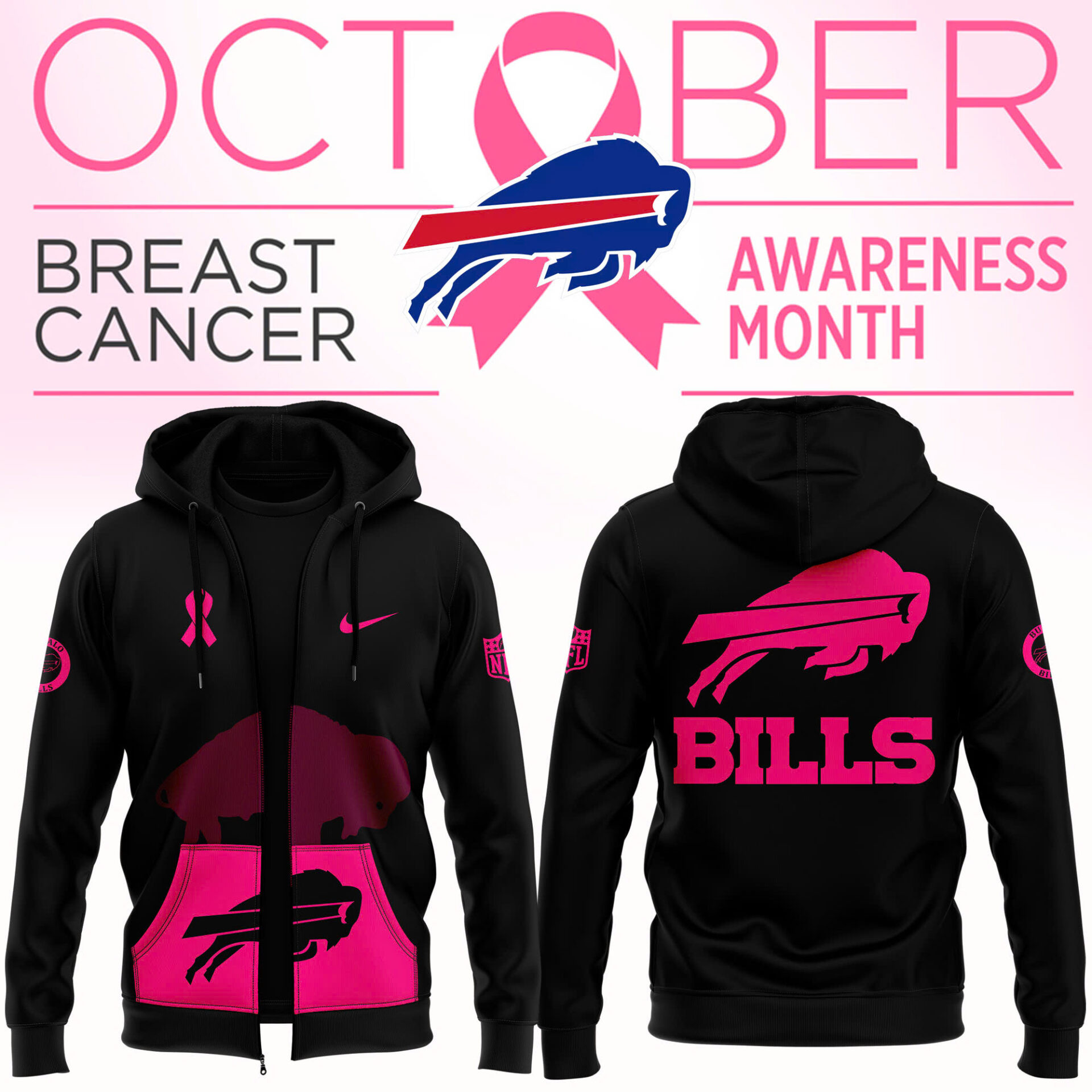 Buffalo Bills Breast Cancer Awareness Zip Hoodie Football Fan Gift Ideas