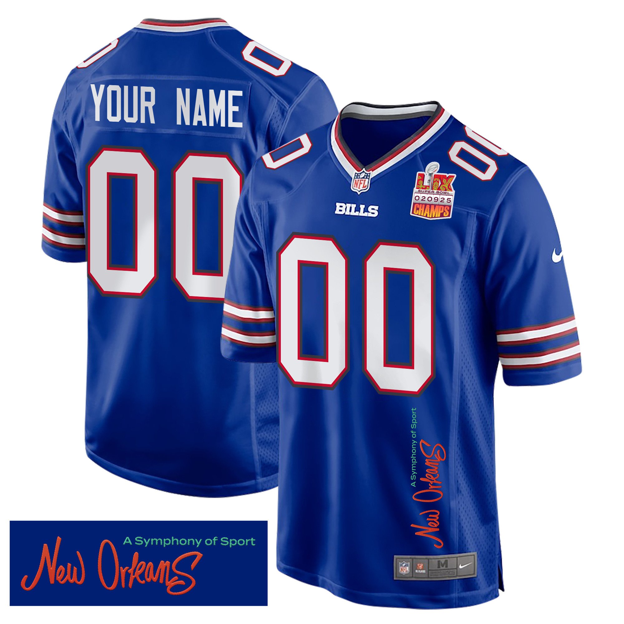 Buffalo Bills Super Bowl LIX Champions Patch 'New Orleans - A Symphony of Sport' EMBROIDERED Game Men Custom Jersey - Royal - JS712