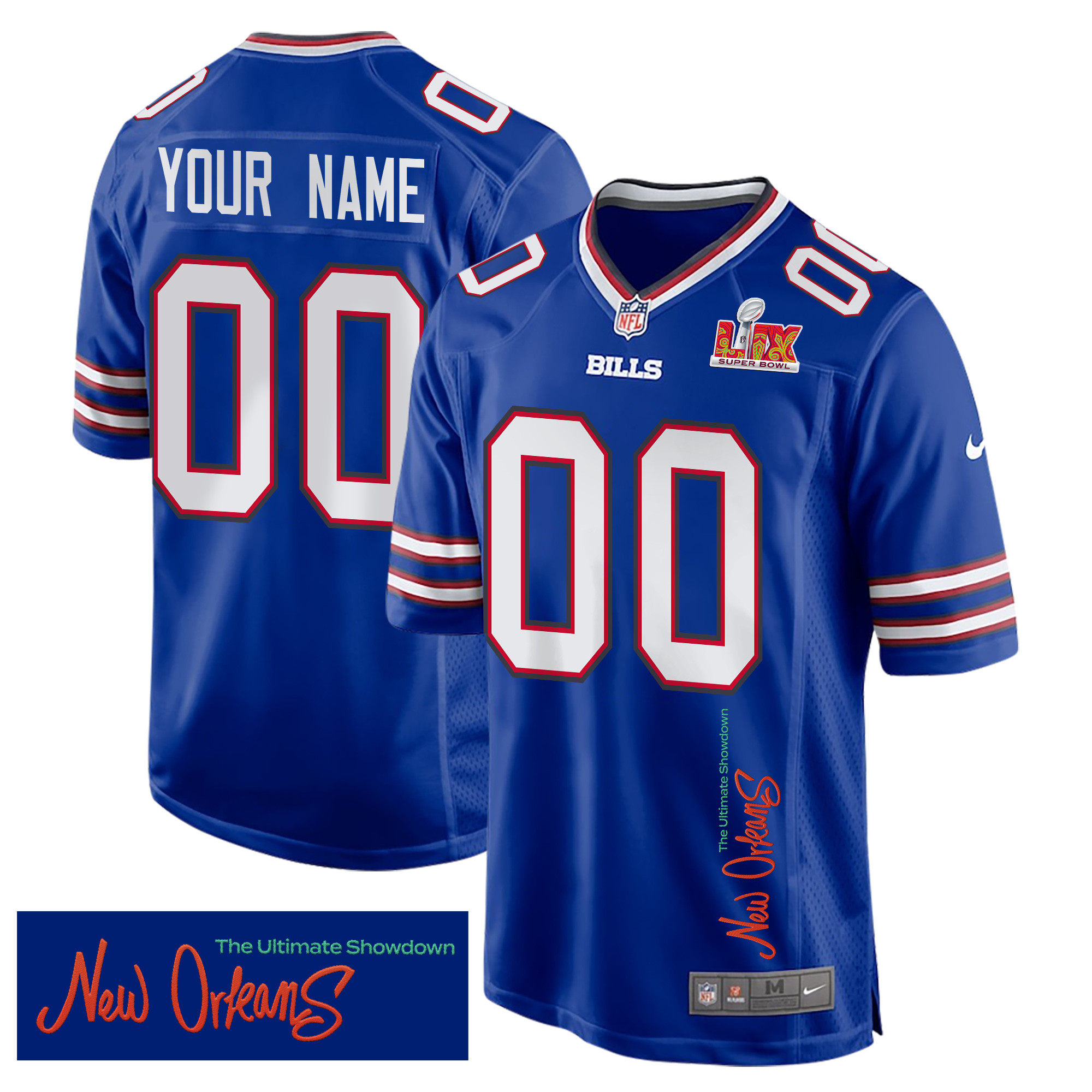 Buffalo Bills Super Bowl LIX 'New Orleans - The Ultimate Showdown' EMBROIDERED Game Men Custom Jersey - Royal - JS943