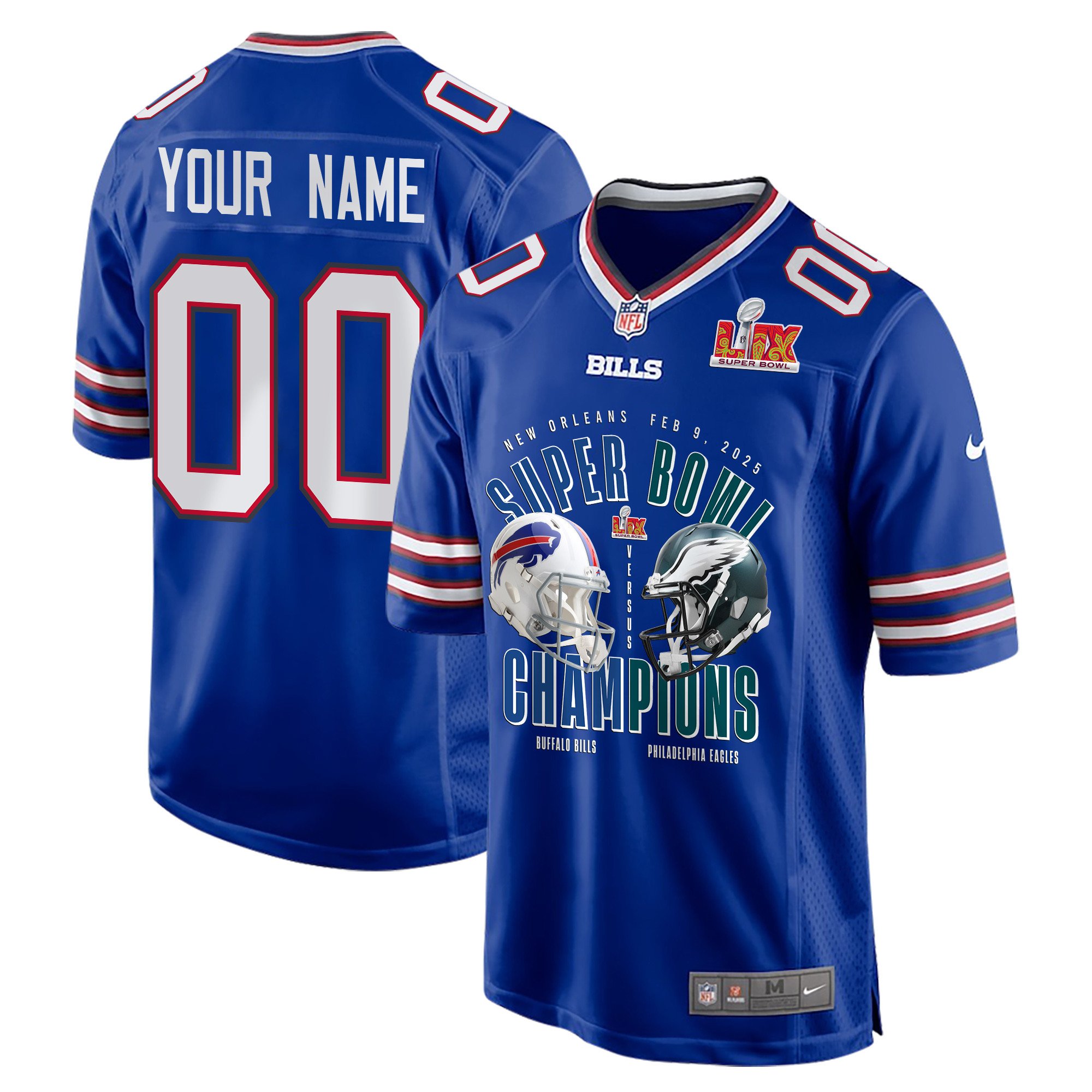 Buffalo Bills Vs. Philadelphia Eagles Super Bowl LIX Game Men Custom Jersey - Royal - JS620