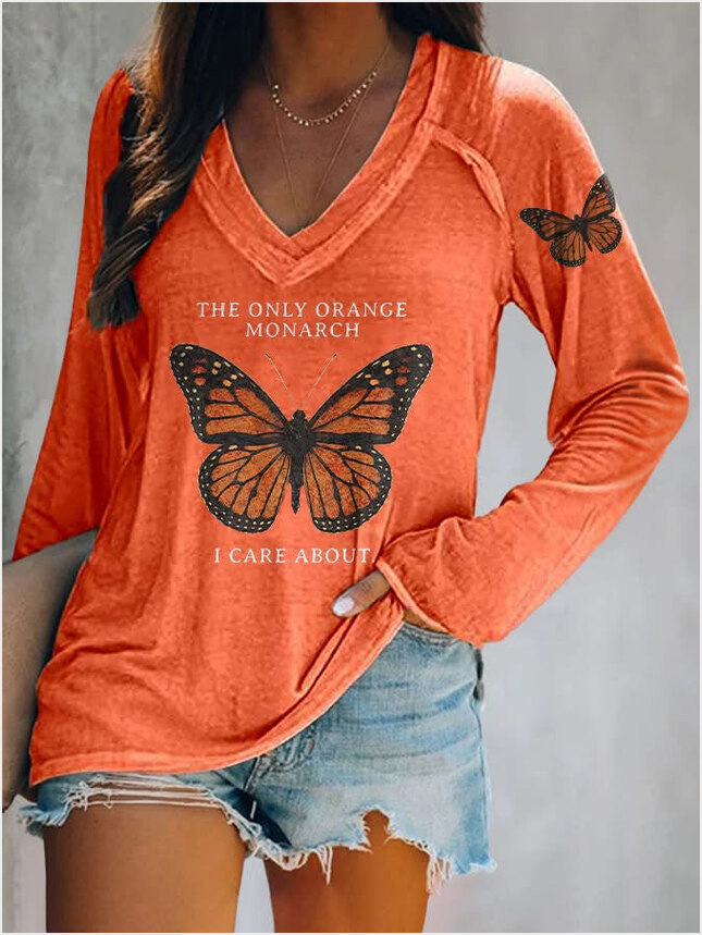 Butterfly FDT V-Neck T-Shirt Long Sleeve The Only Orange Monarch I Care About Shirt Women's