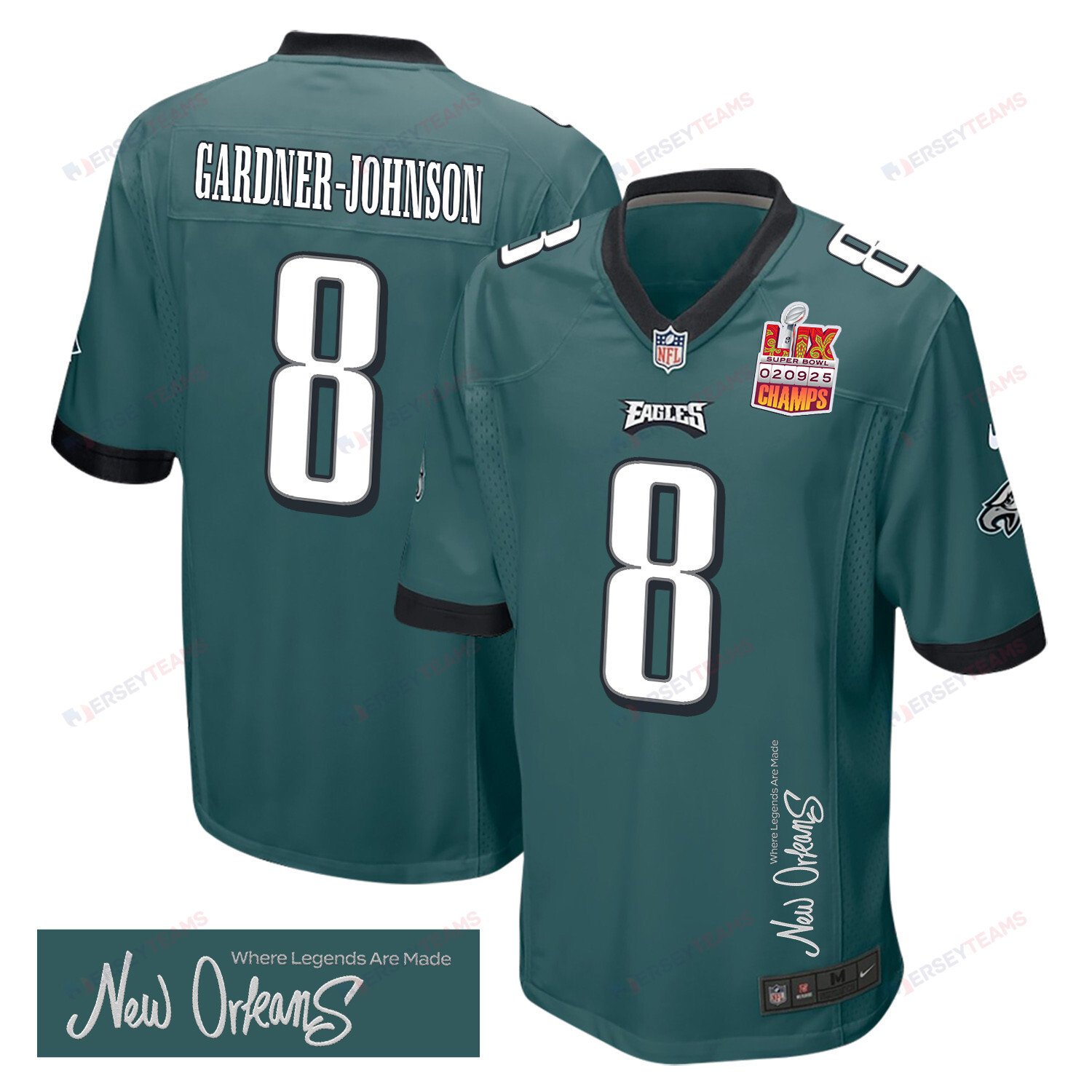 C.J. Gardner-Johnson 8 Philadelphia Eagles Super Bowl LIX Champions Patch 'New Orleans - Where Legends Are Made' EMBROIDERED Game Men Jersey - Midnight Green - JS272
