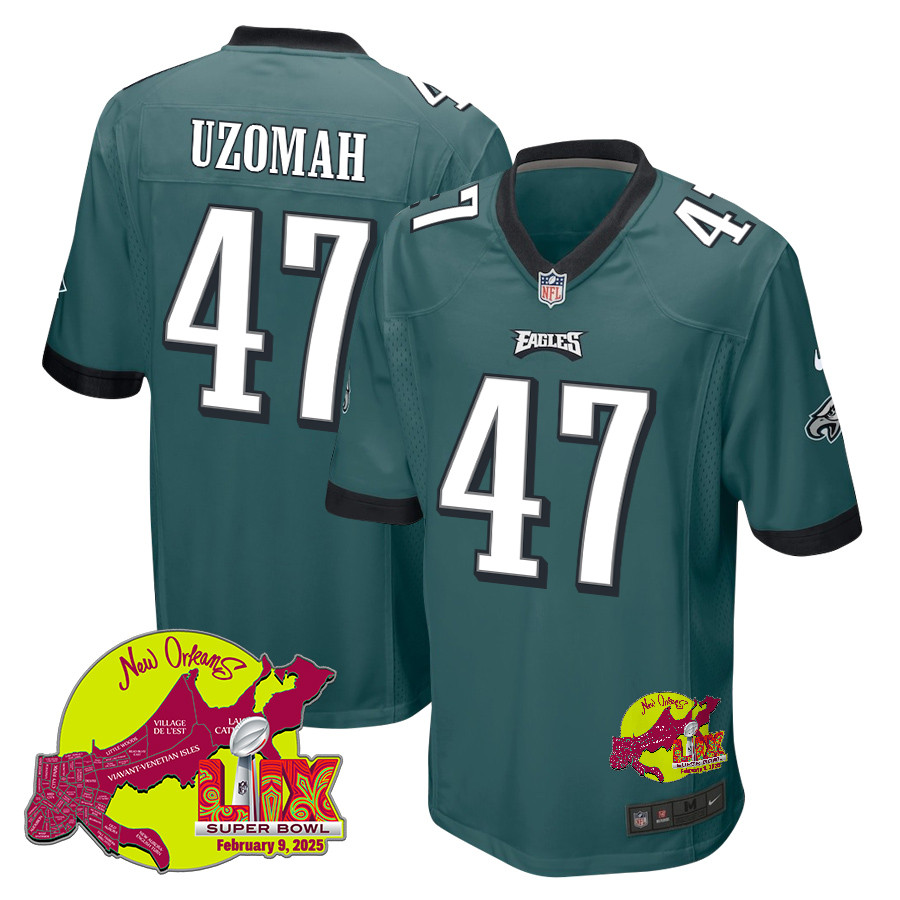C.J. Uzomah 47 Philadelphia Eagles Super Bowl LIX New Orleans Patch Game Men Jersey - Midnight Green - JS822