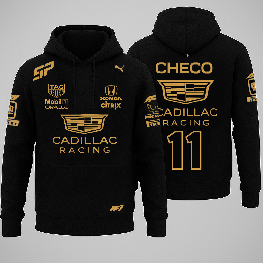 Cadillac Sergio Checo Perez Merch Gold 11 Cadillac Racing Hoodie Gifts For Racing Lovers