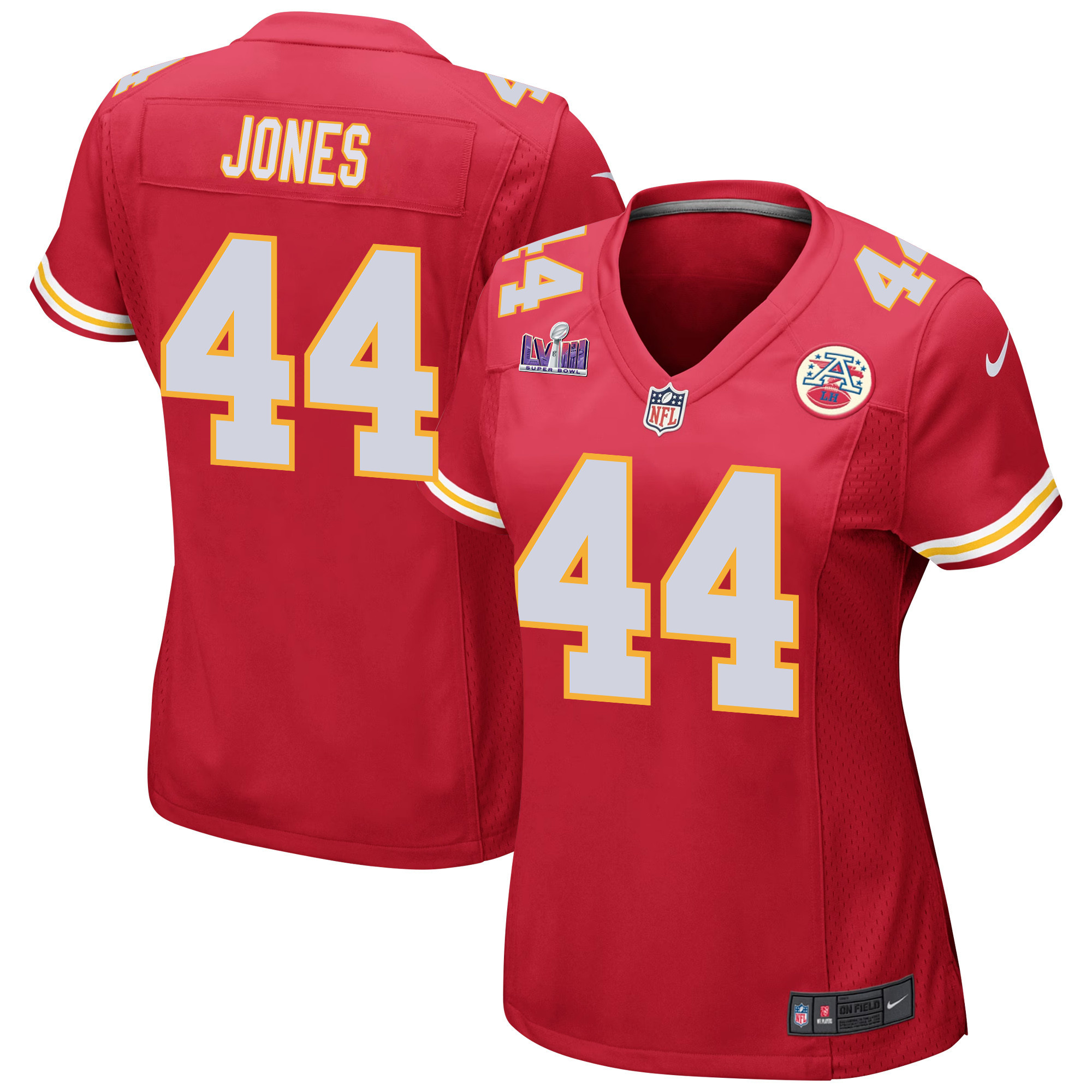 Cam Jones 44 Kansas City Chiefs Super Bowl LVIII Patch Game Women Jersey - Red - JSDV173