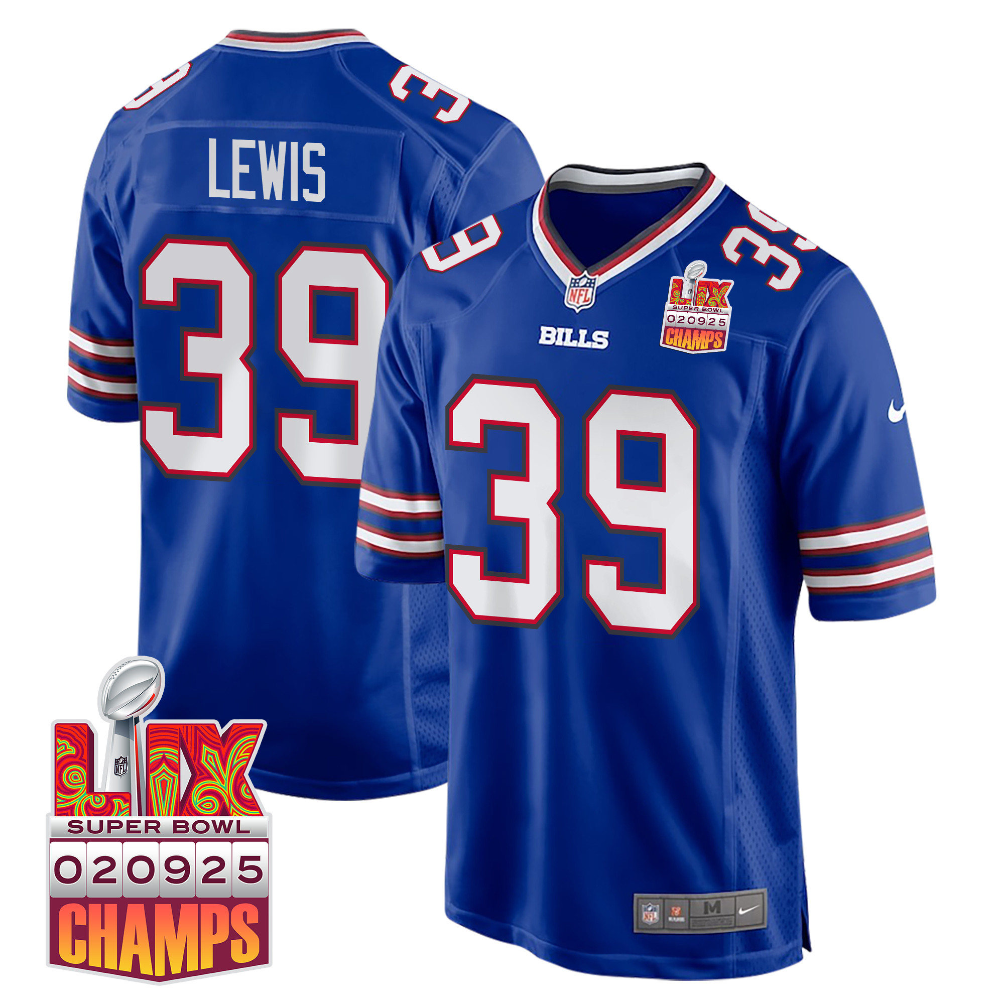 Cam Lewis 39 Buffalo Bills Super Bowl LIX Champions Patch Game Men Jersey - Royal - JS669