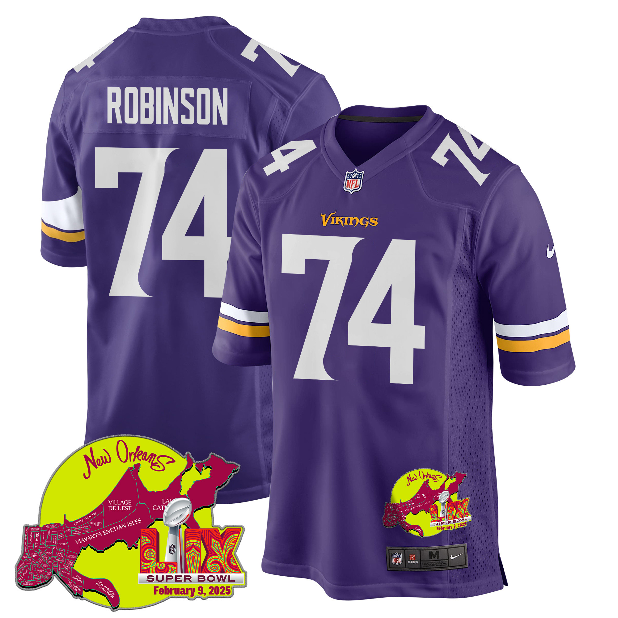 Cam Robinson 74 Minnesota Vikings Super Bowl LIX New Orleans Patch Game Men Jersey - Purple - JS825
