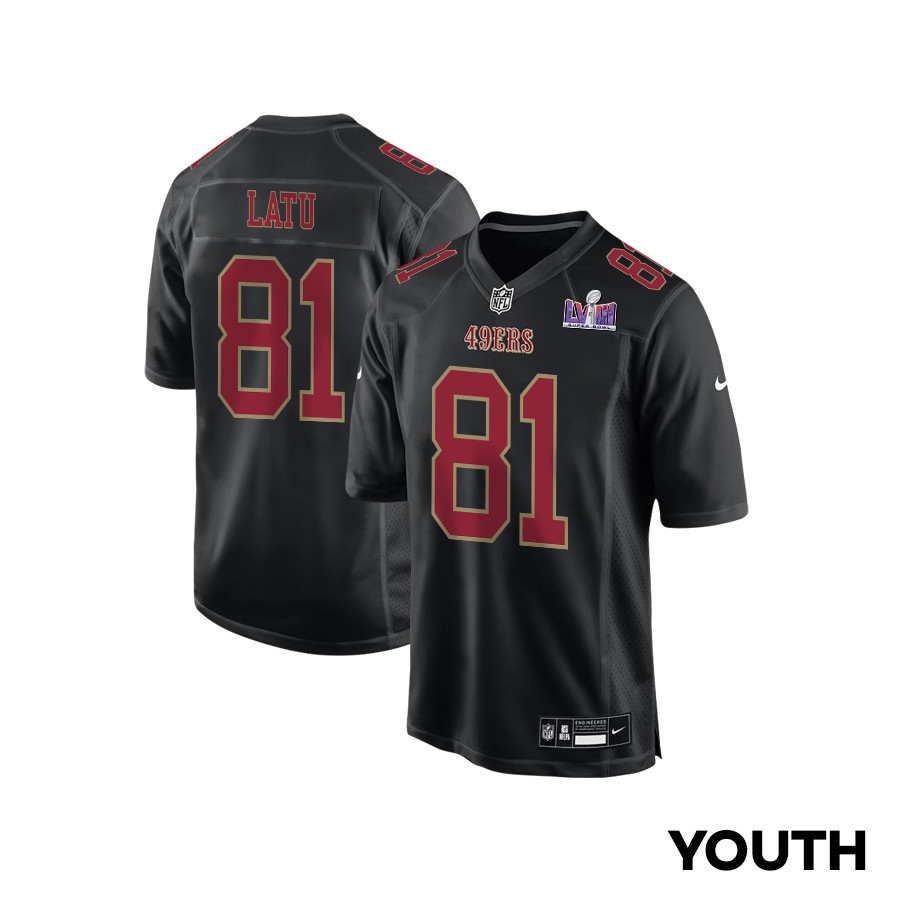 Cameron Latu 81 San Francisco 49ers Super Bowl LVIII Patch Fashion Game YOUTH Jersey - Carbon Black - JSDV376