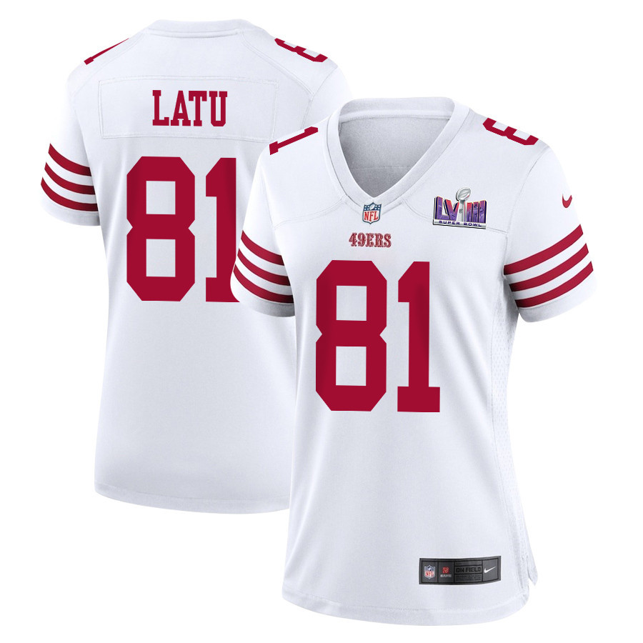 Cameron Latu 81 San Francisco 49ers Super Bowl LVIII Patch Game Women Jersey - White - JSDV810