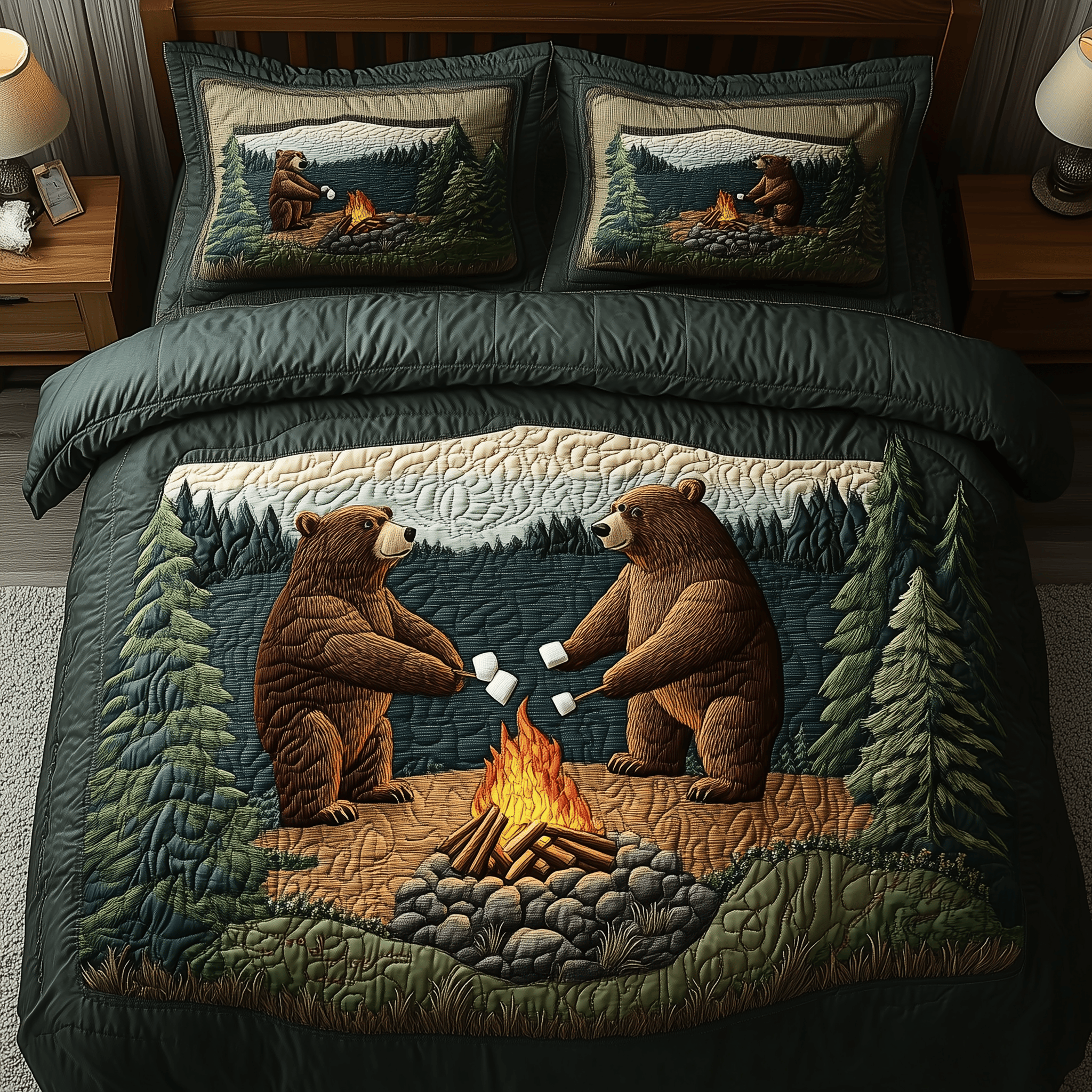 Camping Bear Quilted Bedding Set Best Valentine'S Day Bear Gifts For Her