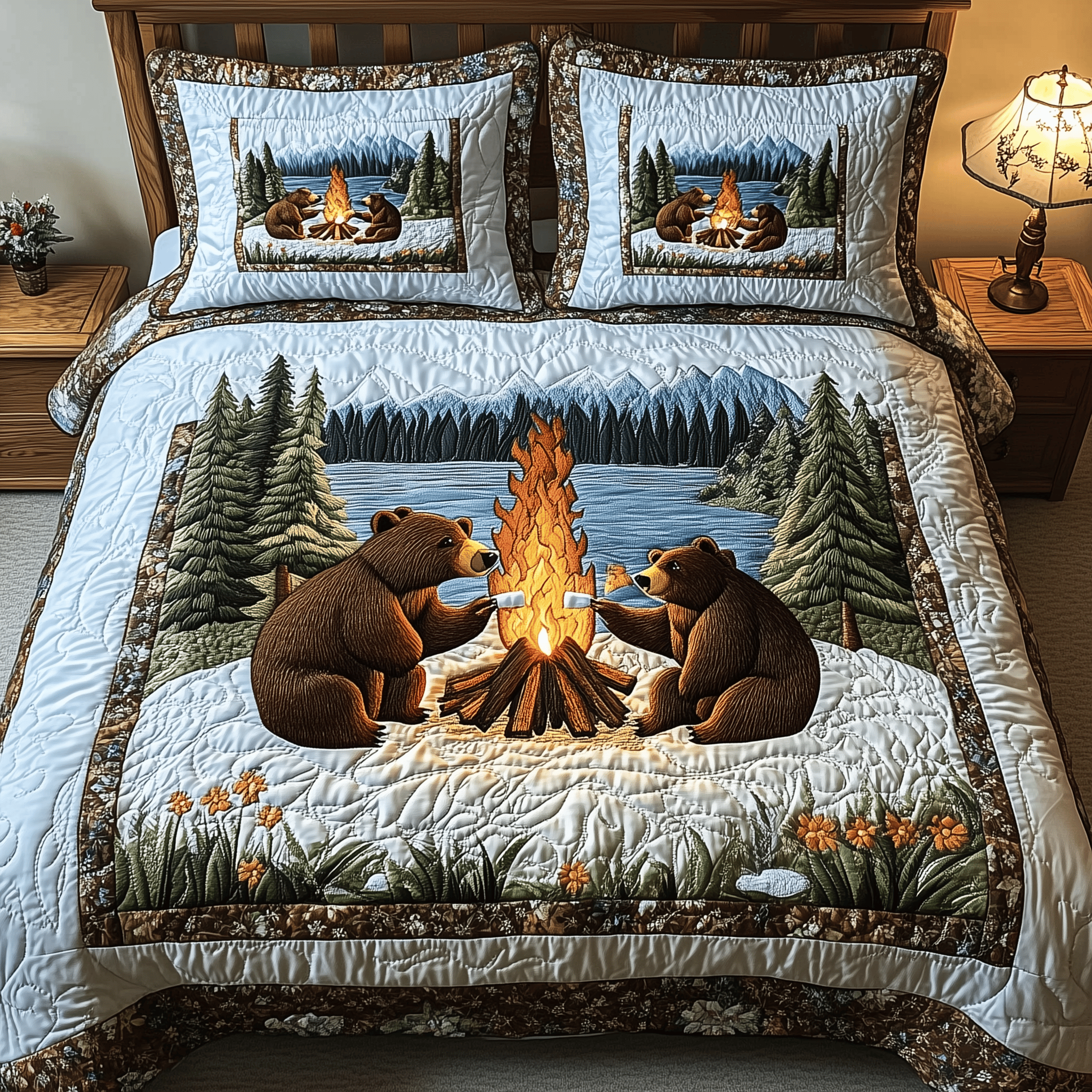 Camping Bear Quilted Bedding Set Best Valentine'S Day Gift Ideas For Girlfriend