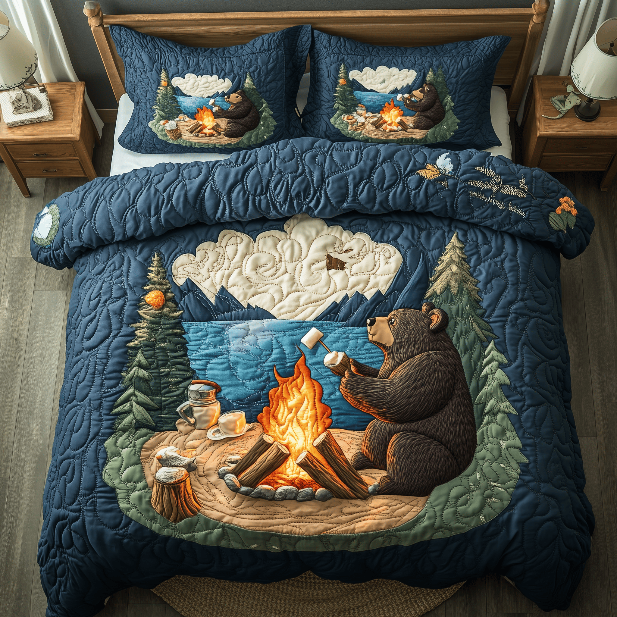 Camping Bear Quilted Bedding Set Best Valentine'S Day Gifts For Bear Lovers