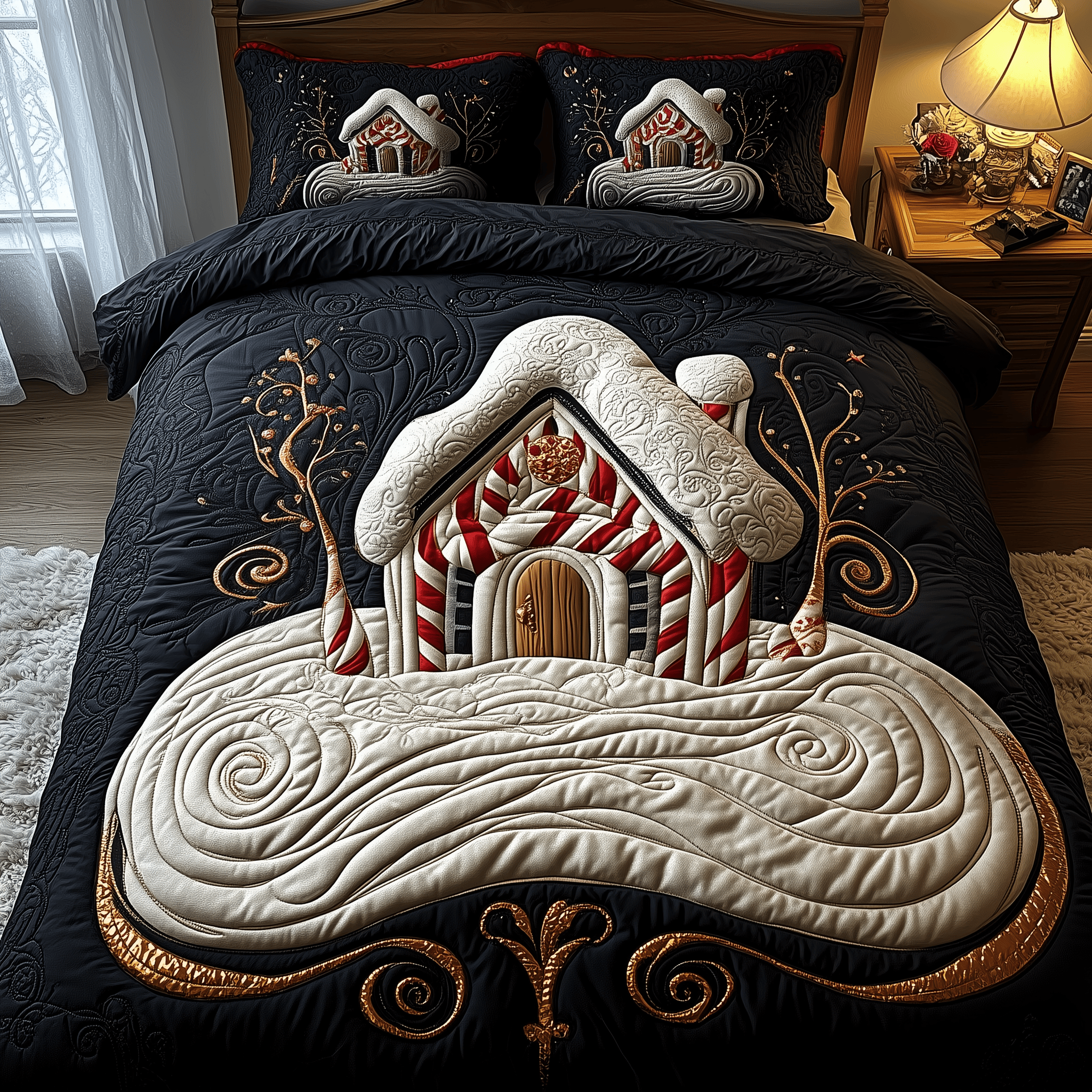 Candy Canes Whimsical House Quilted Bedding Set  Stay warm this winter Christmas Gifts For Wife