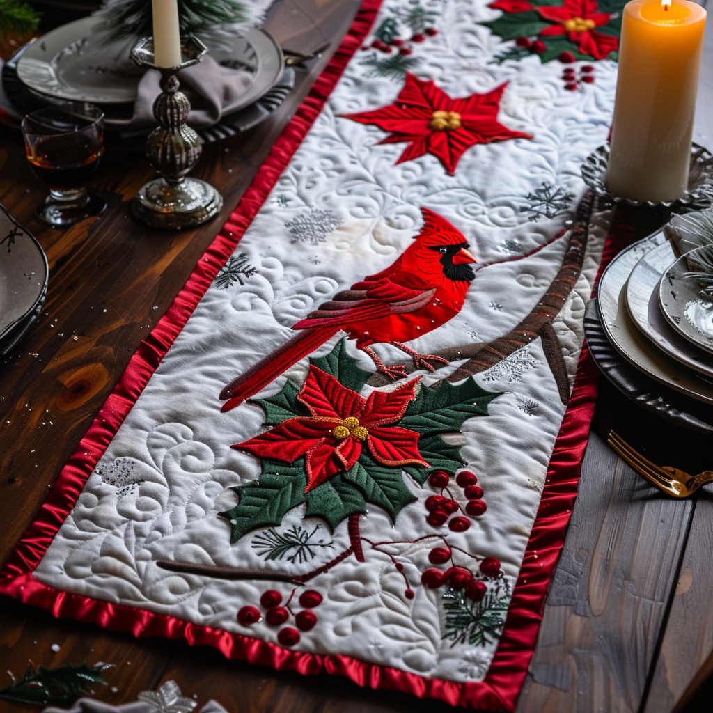 Cardinal And Red Holly Berries Quilted Table Runner Dining Holiday Christmas Decor Cardinal Bird Gifts