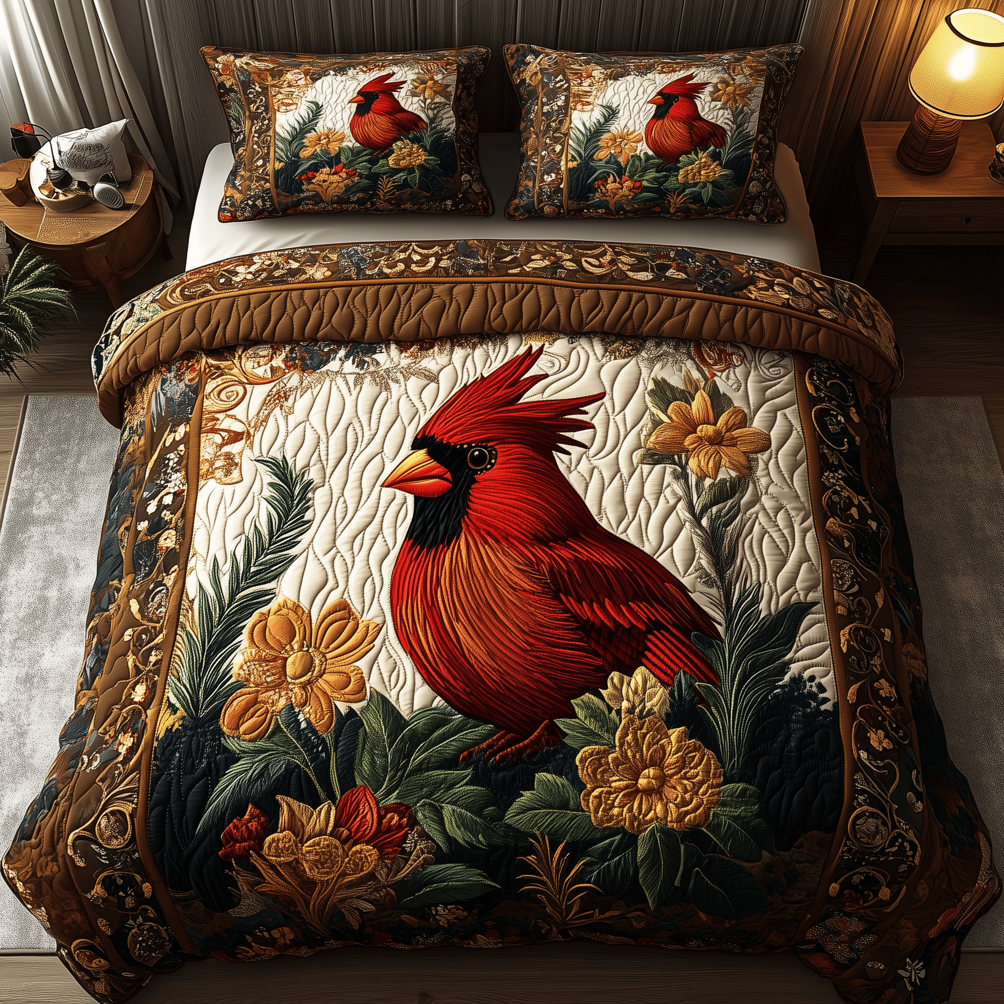 Cardinal in Paradise Quilted Bedding Set Good Valentine'S Duvet Cover Set Gifts For Men