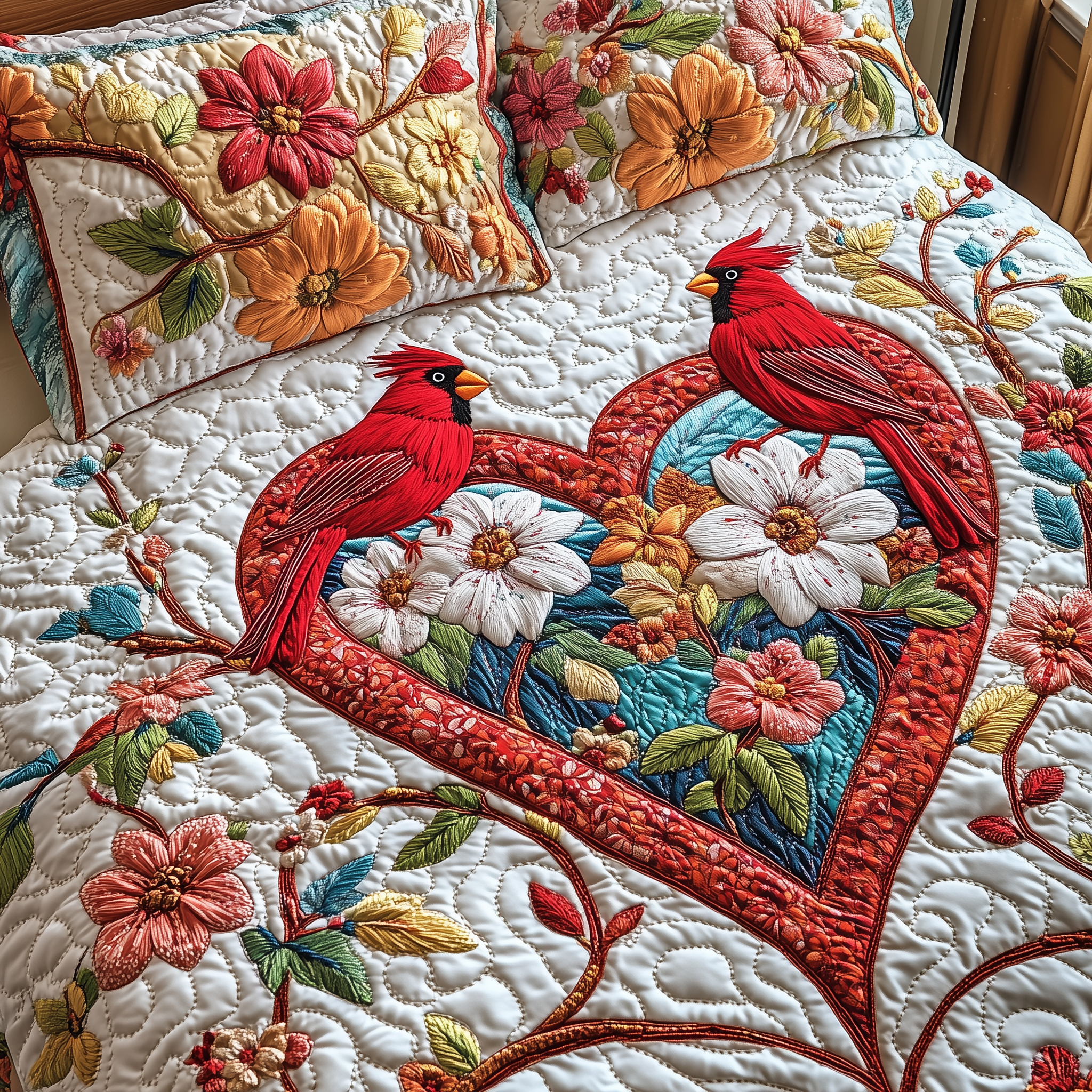 Cardinal Romance Haven Quilted Bedding Set Best Valentines Duvet Cover Set Best Gifts For Birders