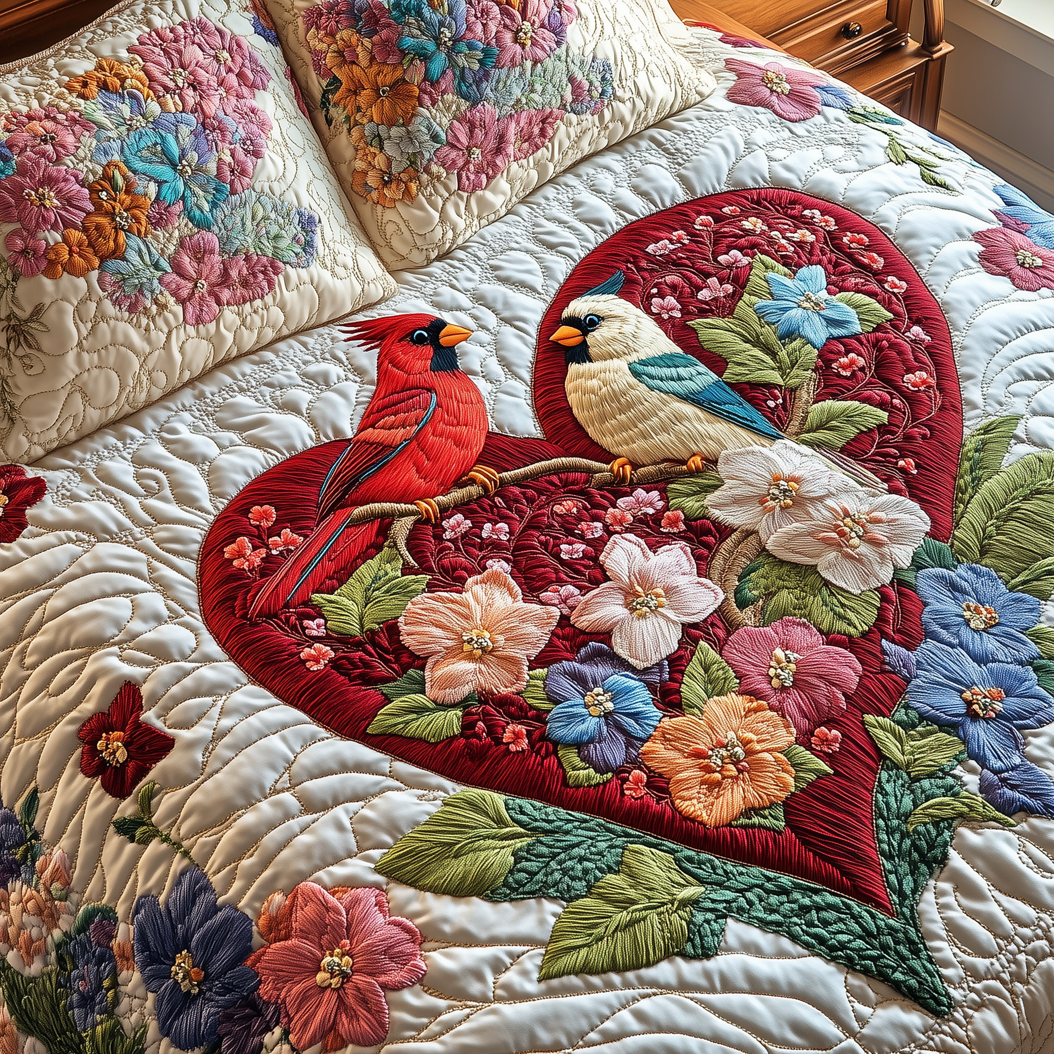 Cardinal Romance Haven Quilted Bedding Set Best Valentines Duvet Cover Set Bird Lover Gifts For Her