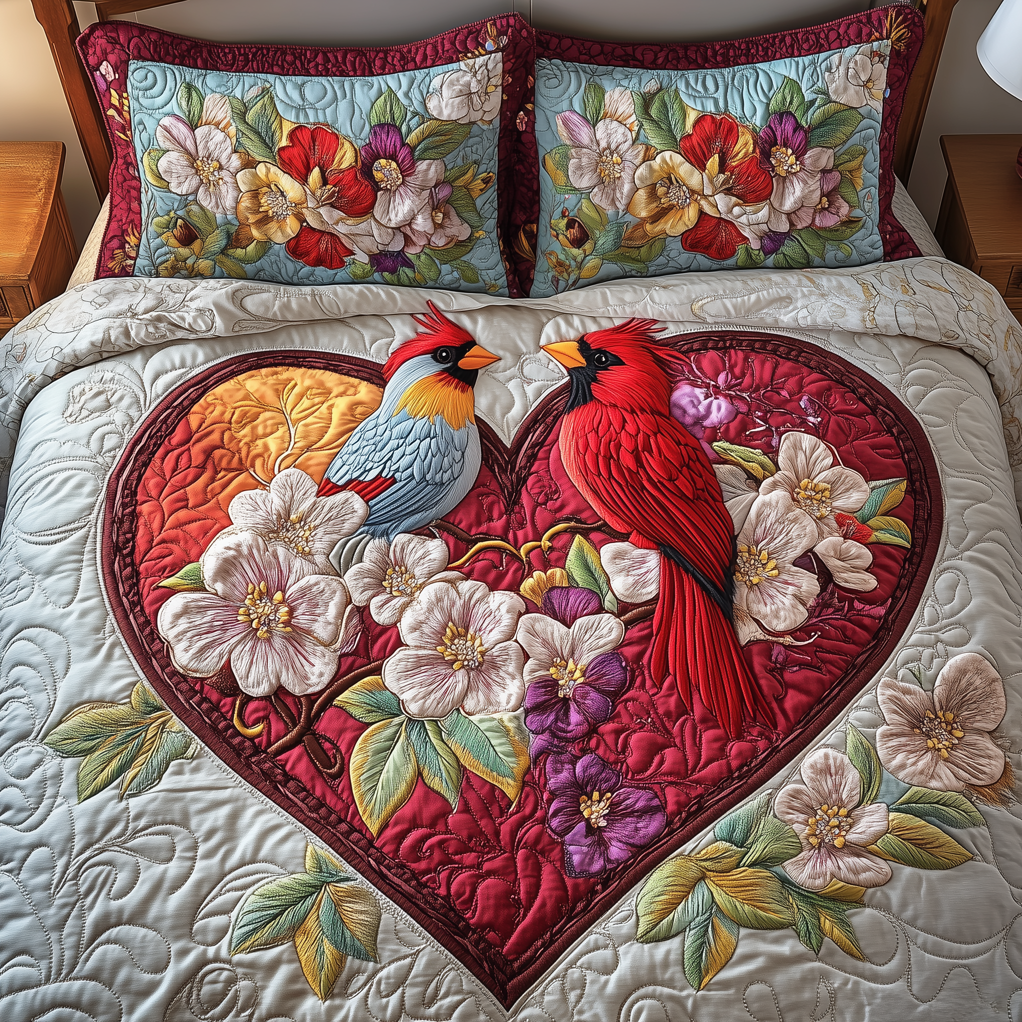 Cardinal Romance Haven Quilted Bedding Set Best Valentines Duvet Cover Set Cardinal Gifts For Mom