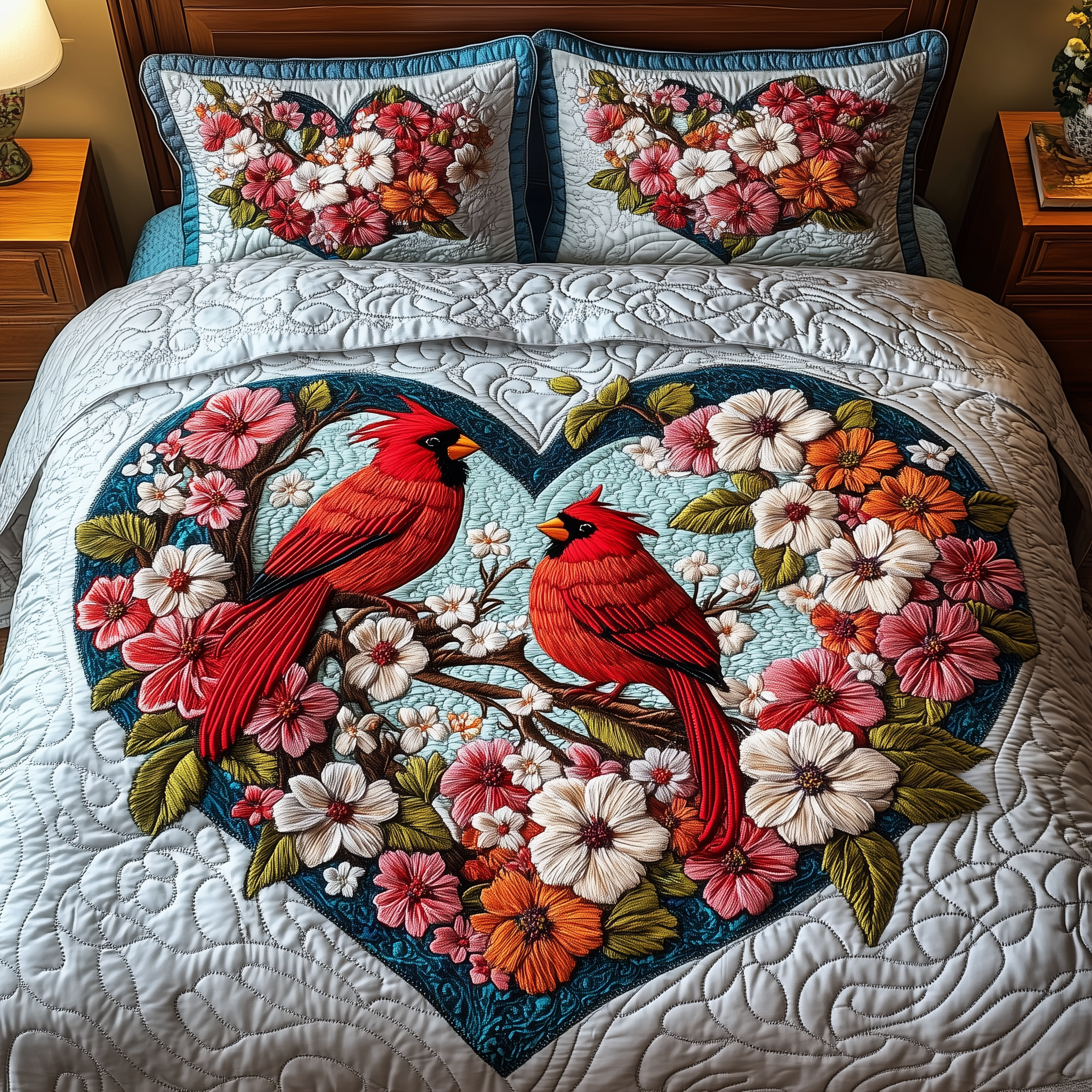 Cardinal Romance Haven Quilted Bedding Set Best Valentines Duvet Cover Set Gift Ideas For Bird Lovers