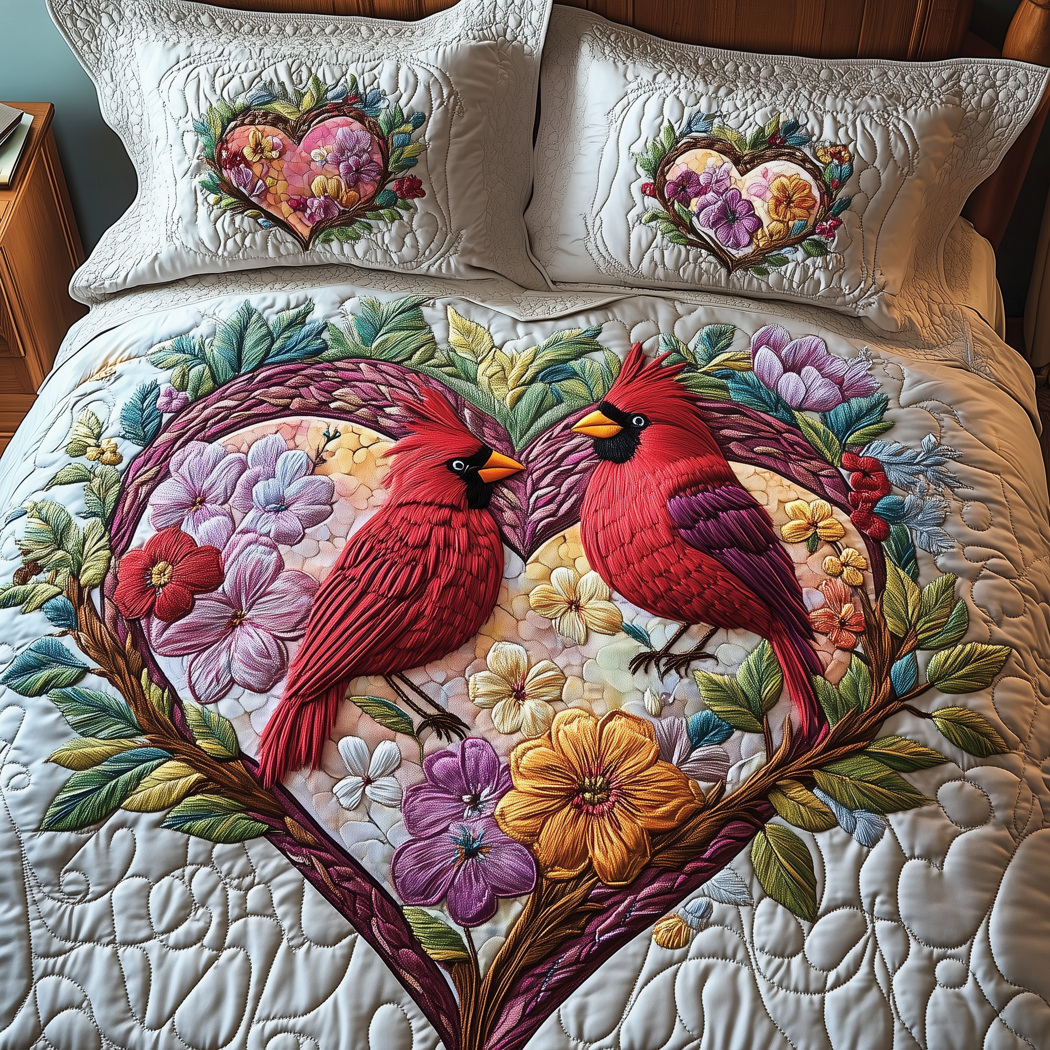 Cardinal Romance Haven Quilted Bedding Set Best Valentines Duvet Cover Set Gifts For Him