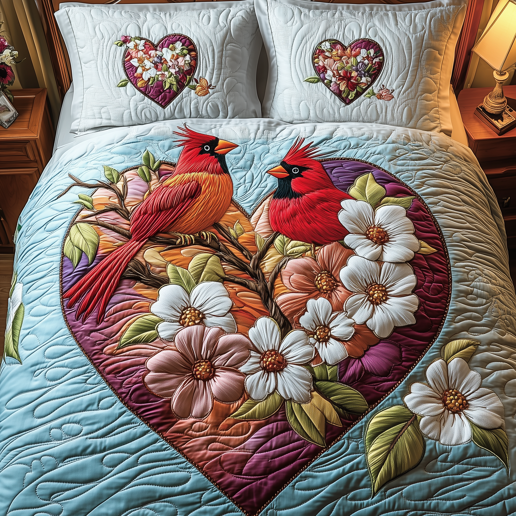 Cardinal Romance Haven Quilted Bedding Set Best Valentines Duvet Cover Set Gifts For Men