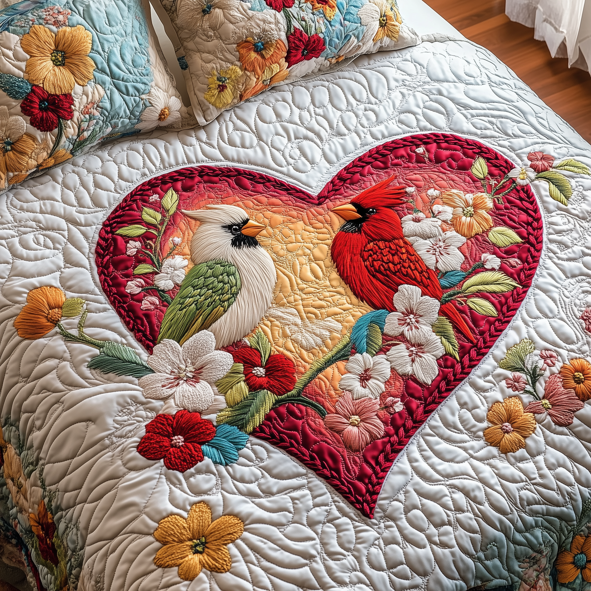 Cardinal Romance Haven Quilted Bedding Set Good Valentine'S Duvet Cover Set Best Gifts For Bird Lovers