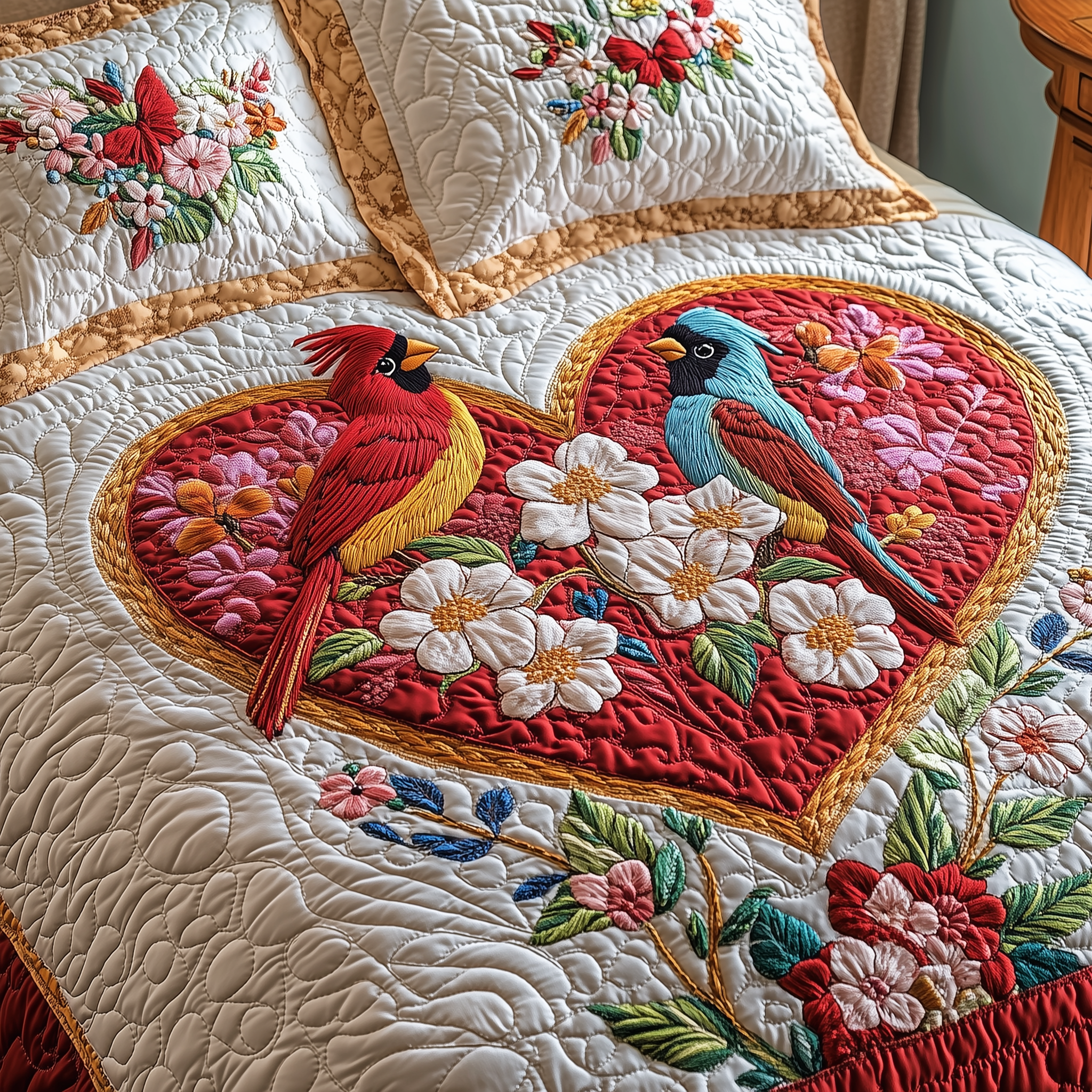 Cardinal Romance Haven Quilted Bedding Set Good Valentine'S Duvet Cover Set Gifts For Cardinal Lovers