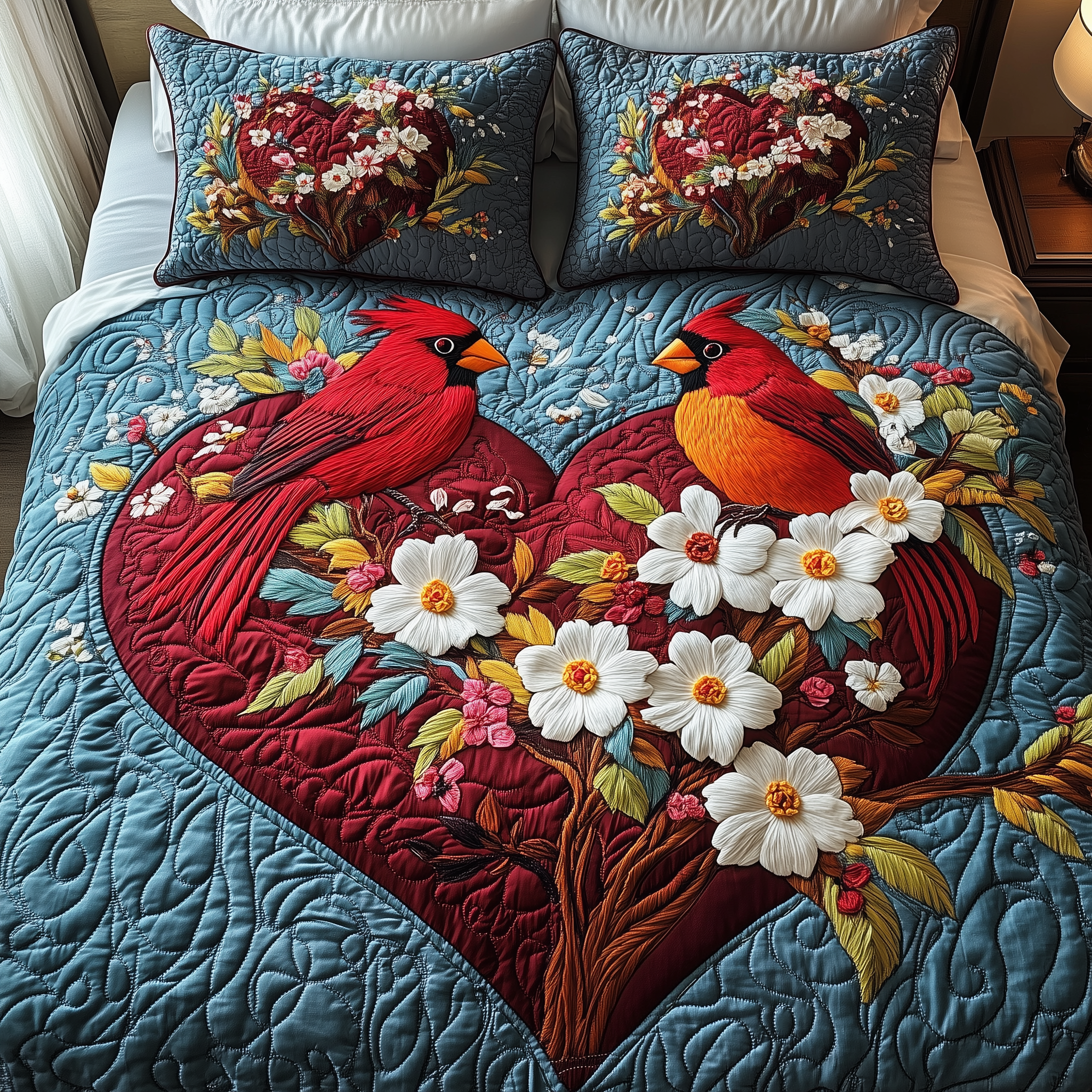 Cardinal Romance Haven Quilted Bedding Set Good Valentine'S Duvet Cover Set Presents For Bird Lovers