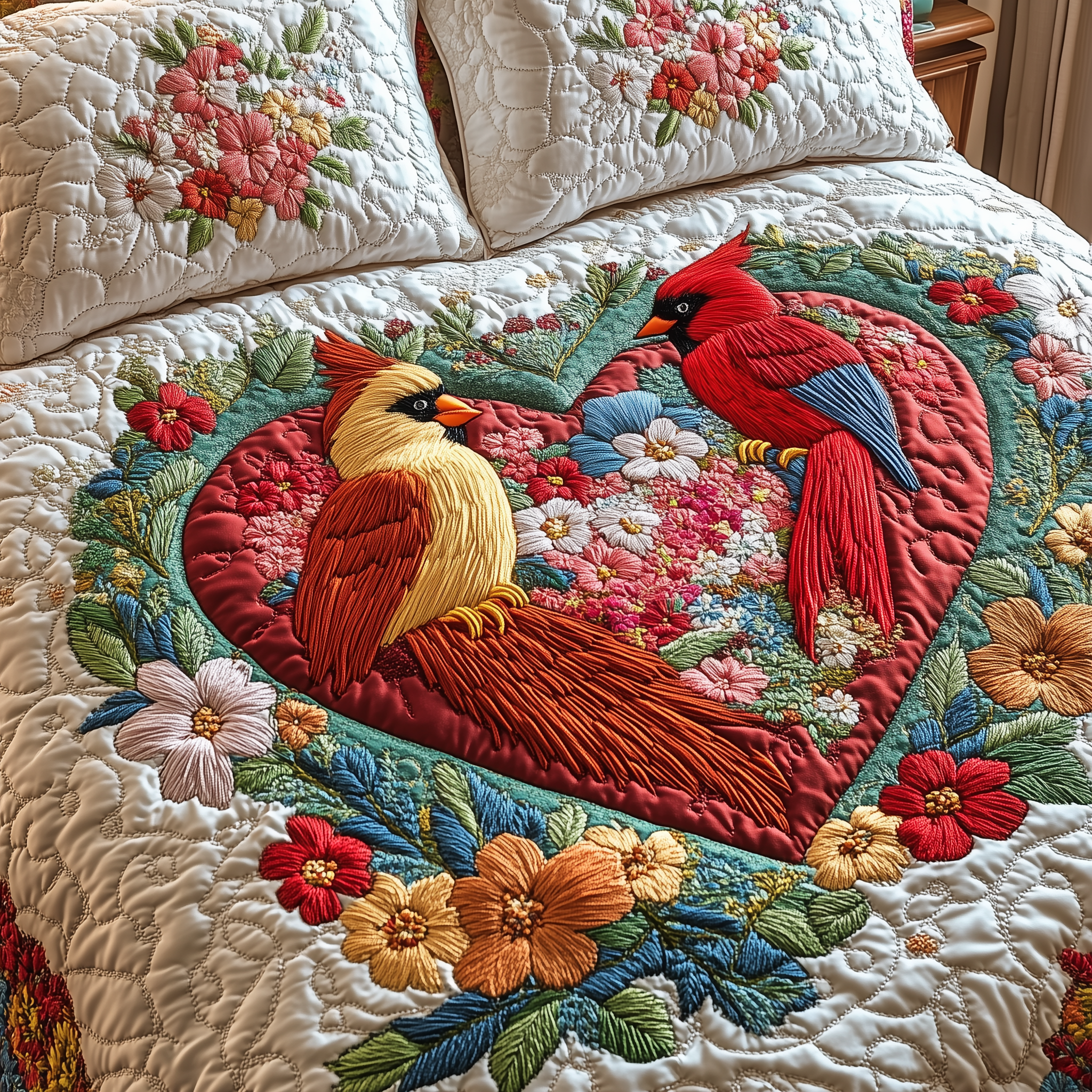 Cardinal Romance Haven Quilted Bedding Set Good Valentine'S Duvet Cover Set Unique Gifts For Bird Lovers