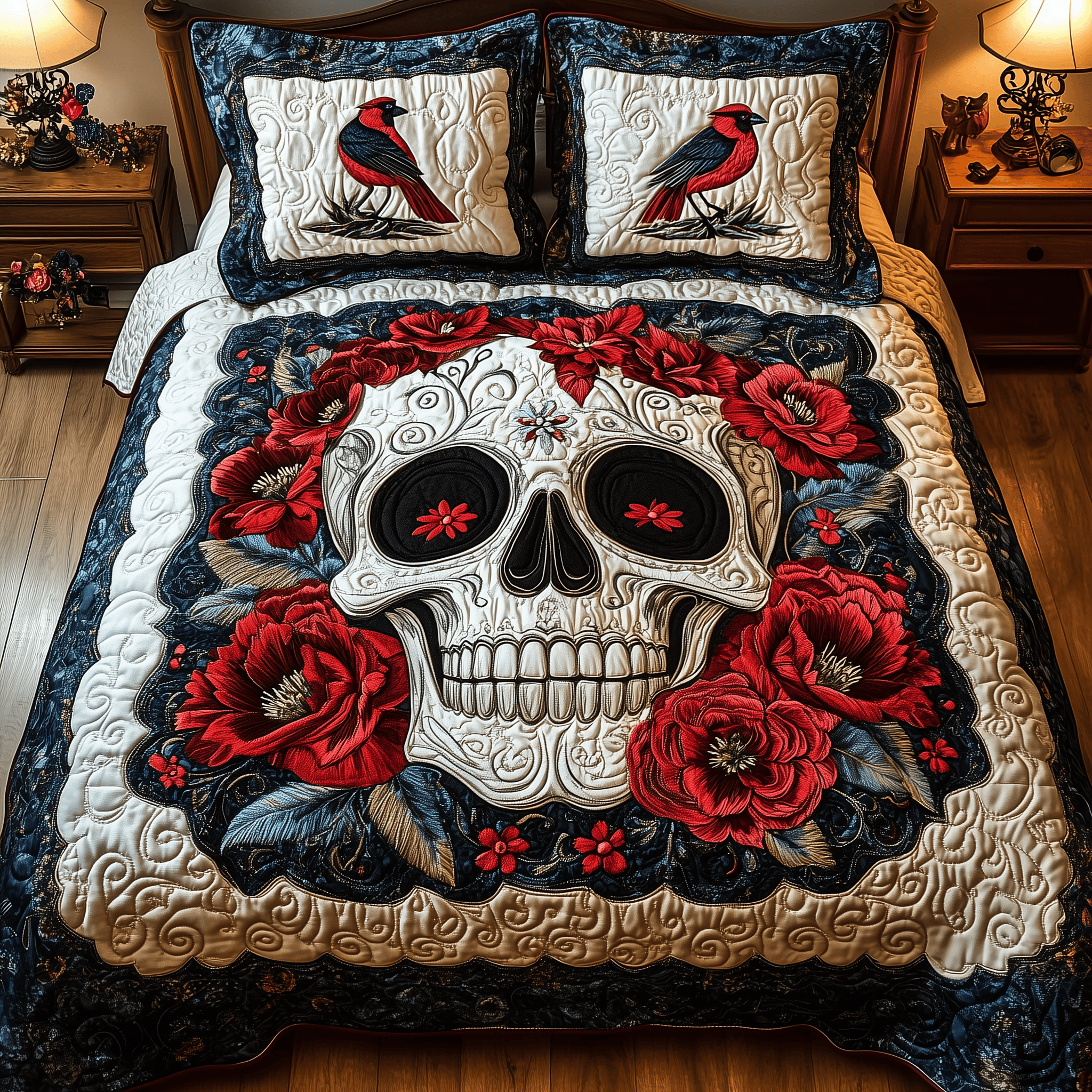 Cardinal Skull Quilted Bedding Set Valentine'S Day Duvet Cover Set Best Gifts For Bird Lovers