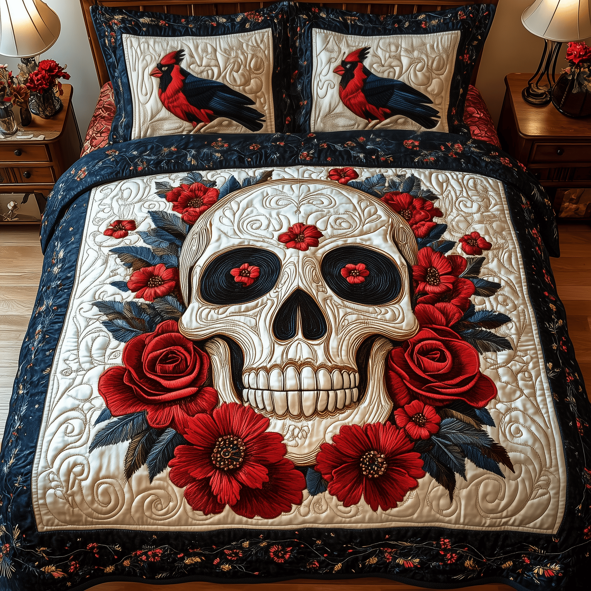 Cardinal Skull Quilted Bedding Set Valentine'S Day Duvet Cover Set Best Gifts For Birders