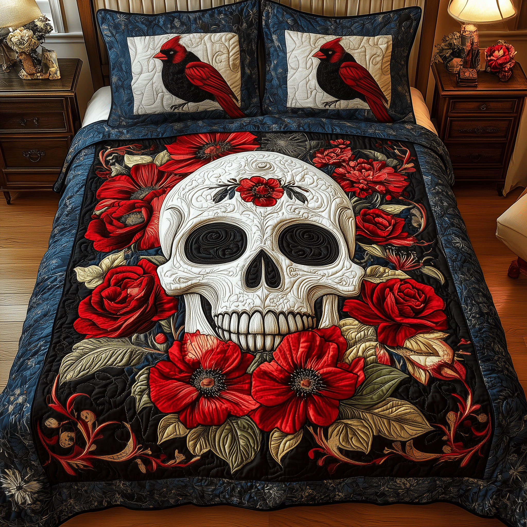 Cardinal Skull Quilted Bedding Set Valentine'S Day Duvet Cover Set Bird Lover Gifts For Her