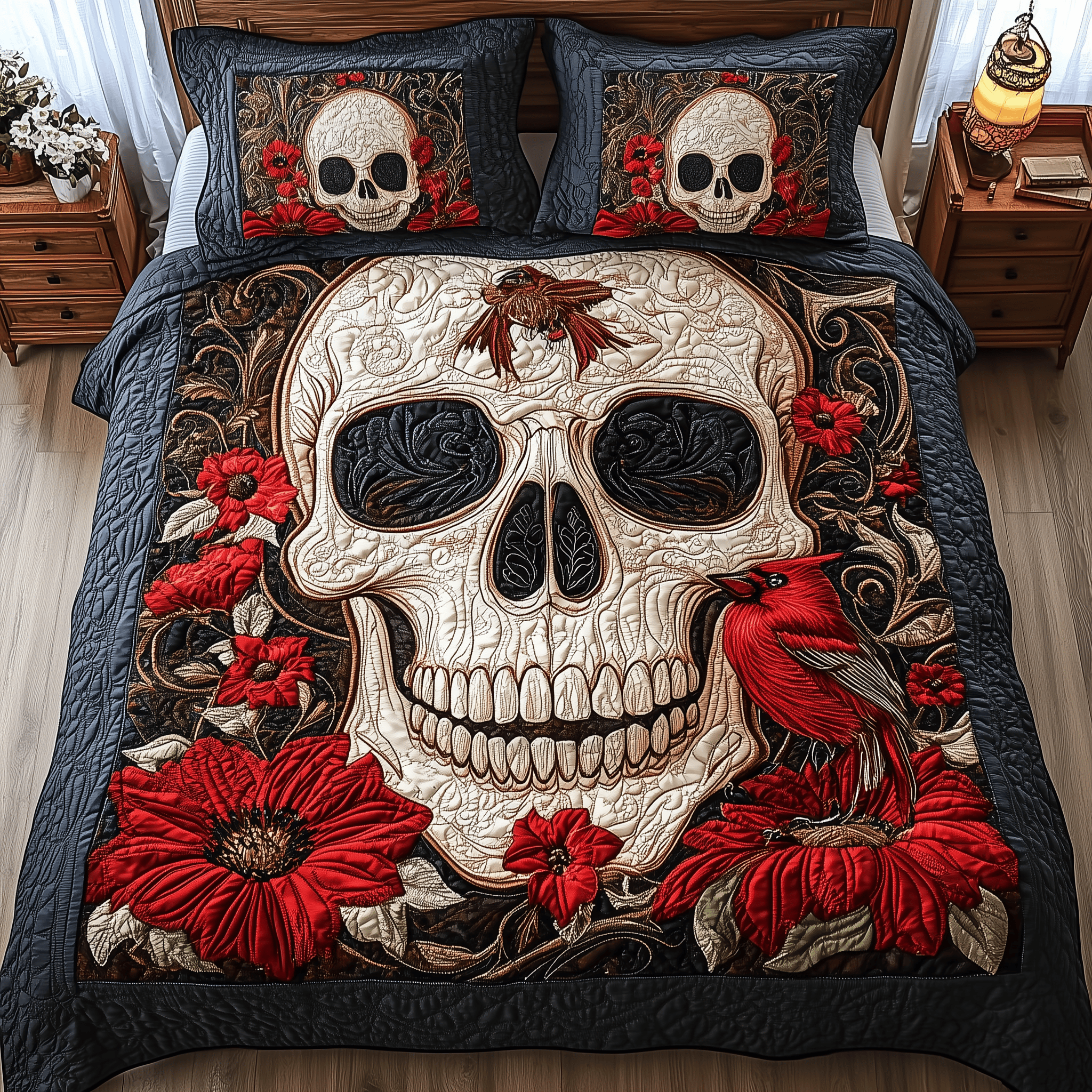Cardinal Skull Quilted Bedding Set Valentine'S Day Duvet Cover Set Cardinal Gifts For Friend