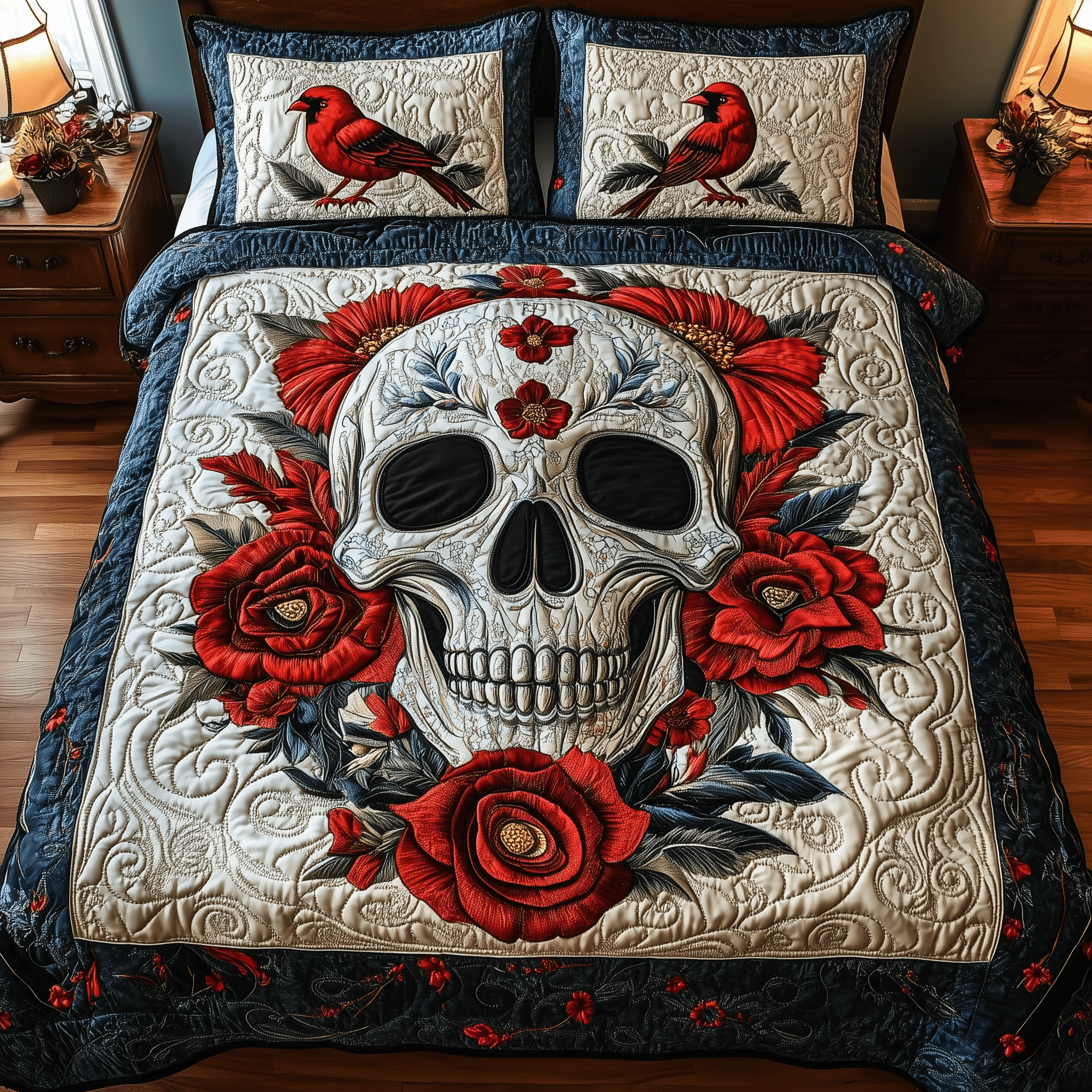Cardinal Skull Quilted Bedding Set Valentine'S Day Duvet Cover Set Gift Ideas For Bird Lovers