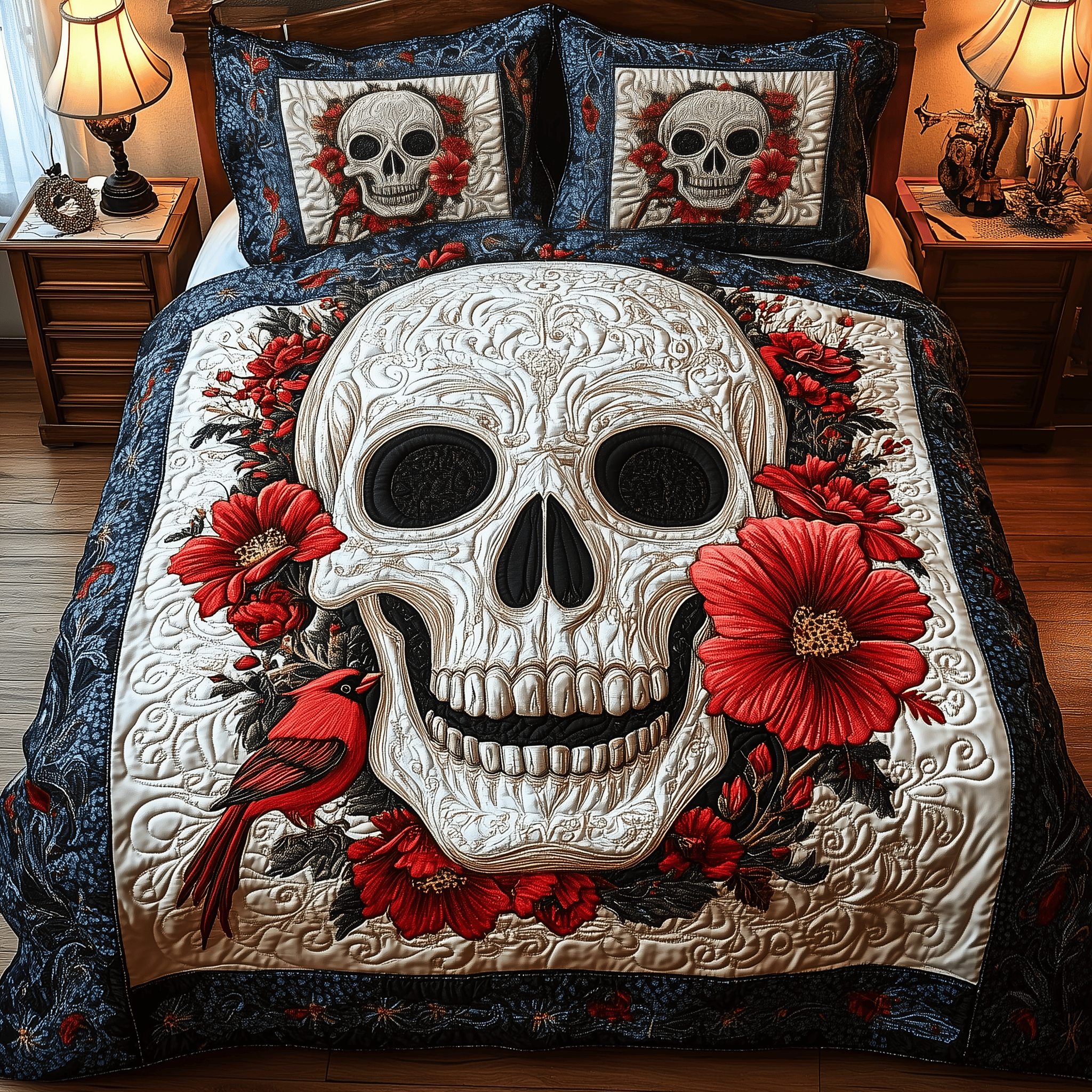 Cardinal Skull Quilted Bedding Set Valentine'S Day Duvet Cover Set Gifts For Cardinal Lovers