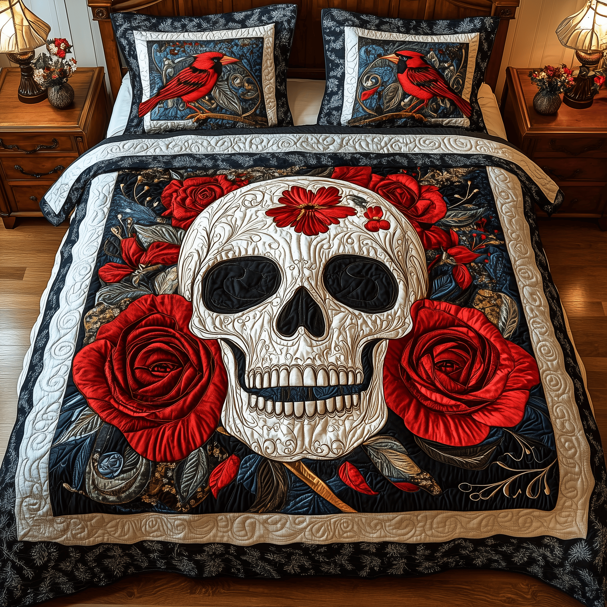 Cardinal Skull Quilted Bedding Set Valentine'S Day Duvet Cover Set Presents For Bird Lovers